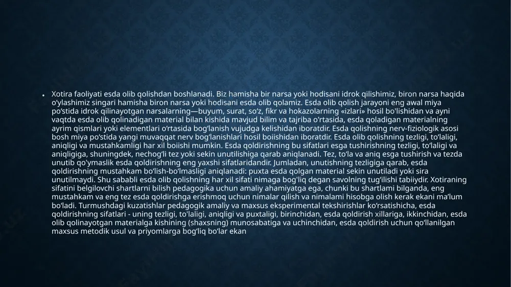 iz ana shunday beixtiyor esimizda saqlab qolamiz. ko‘pincha beixtiyor idrok qilingan narsa yoki hodisalar beixtiyor esda qoladi. 0 ‘zining rang-barangligi, ovozi, harakati bilan ko‘zga juda yaqqol ko‘rinib turadigan, bizda kuchli hissiyot uyg‘otadigan, o‘tmishdagi tajribamizga, mavjud bilimlarimizga, bizning kasb va faoliyatimizga oid, biz uchun alohida aham iyati b o ‘lgan va bizda qiziqish-havas tug‘diradigan shunday narsa yoki hodisalar xotiramizda beixtiyor saqlanib qoladi. ko‘pincha ixtiyoriy atayin idrok qilingan narsa yoki hodisalar ham beixtiyor esda qolaveradi. ko‘p hollarda biz bironta suratni ko'rishni, bironta kitobni o ‘qib chiqishni, bironta m a’ruzani eshitishni o‘z oldimizga maqsad qilib qo‘yamiz, ammo ko‘rilgan, o‘qilgan, eshitilgan narsalarning mazmunini esda olib qolish niyatini o‘ylaymiz, lekin, shunga qaramay, ixtiyoriy idrok qilingan kitob, surat, nutqning mazmunini beixtiyor eslab qolamiz. ixtiyorsiz esda olib qolish ixtiyoriy esda olib qolish jarayonidan batamom ayrilgan bo‘lmaydi: ko‘pincha ixtiyoriy esda qoldirishda ixtiyorsiz esda olib qolish yuz beradi yoki esda olib qolinadigan material biror amaliy faoliyat tarkibiga kirgan bo‘ladi. …