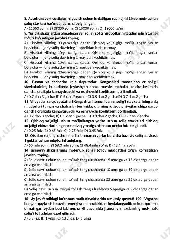 ilgan javobni toping. a) hisobot yilining 30-yanvariga qadar. qishloq xo‘jaligiga mo‘ljallangan yerlar bo‘yicha — joriy soliq davrining 1 aprelidan kechiktirmay. b) hisobot yilining 10-yanvariga qadar. qishloq xo‘jaligiga mo‘ljallangan yerlar bo‘yicha — joriy soliq davrining 1 mayidan kechiktirmay. c) hisobot yilining 10-yanvariga qadar. qishloq xo‘jaligiga mo‘ljallangan yerlar bo‘yicha — joriy soliq davrining 1 martidan kechiktirmay. d) hisobot yilining 20-yanvariga qadar. qishloq xo‘jaligiga mo‘ljallangan yerlar bo‘yicha — joriy soliq davrining 1 mayidan kechiktirmay. 10. tuman va shaharlar xalq deputatlari kengashlari tomonidan er solig‘i stavkalarining hududlarda joylashgan daha, massiv, mahalla, ko‘cha kesimida qancha oraliqda kamaytiruvchi va oshiruvchi koeffitsent qo‘llaniladi. a) 0.7 dan 3 gacha; b) 0.5 dan 2 gacha; c) 0.8 dan 2 gacha;d) 0.7 dan 2 gacha 11. viloyatlar xalq deputatlari kengashlari tomonidan er solig‘i stavkalarining aniq miqdorlari tuman va shaharlar kesimida, ularning iqtisodiy rivojlanishiga qarab qancha oraliqda kamaytiruvchi va oshiruvchi koeffitsent qo‘llaniladi. a) 0.7 dan 3 gacha; b) 0.5 dan 2 …
