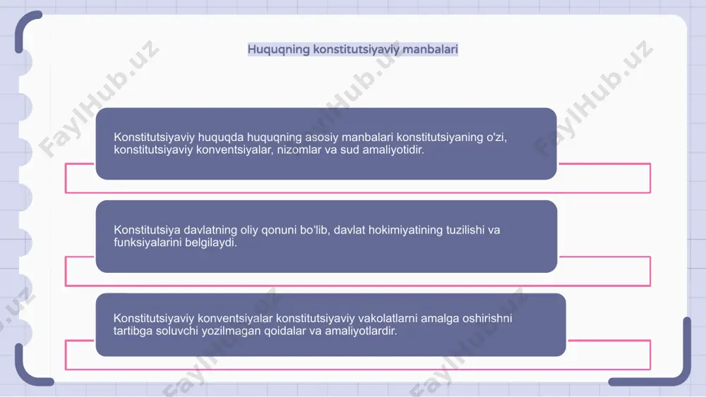 tizimlarining asosini tashkil etuvchi tamoyillar va qadriyatlar haqida tushunchaga ega bo'lish uchun huquqning tarixiy manbalarini o'rganish muhimligini ta'kidlash mumkin. huquqning qiyosiy manbalari huquqning asosiy manbalariga qonun chiqaruvchi hokimiyat tomonidan yoziladigan va qabul qilinadigan qonunlar kiradi. huquqning yana bir manbasi - umumiy huquq bo'lib, u qonun hujjatlariga emas, balki sud qarorlari va pretsedentlariga asoslanadi. xalqaro huquq ham huquqning manbasi hisoblanadi, chunki u davlatlar va xalqaro tashkilotlar o‘rtasidagi munosabatlarni tartibga soladi. huquqning zamonaviy manbalari huquqning zamonaviy manbalari jamiyatda qonunlarni yaratish va qo'llashning joriy va tegishli usullarini anglatadi. huquqning zamonaviy manbalaridan ba'zilari qonunchilik, sud qarorlari, konstitutsiyaviy huquq, ma'muriy qoidalar va xalqaro shartnomalarni o'z ichiga oladi. qonunchilik deganda qonun chiqaruvchi hokimiyat tomonidan yaratilgan qonunlar, masalan, nizomlar va farmoyishlar tushuniladi. 1 2 3 e'tiboringiz uchun rahmat