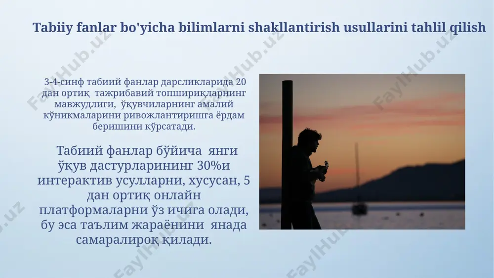 jiga oid vazifalar tahlili андижон вилоятидаги 3 ва 4-синф ўқувчилари учун мўлжалланган дарсликларда "тил ва нутқ ривожига оид вазифалар" бўлимига грамматикага оид 8 та асосий мавзу, шу жумладан, феъл ва сифатларни ўрганиш киритилган. 3-4-синф ўқув дастурларидаги "тил ва нутқ ривожига оид вазифалар" бўлимида 20 дан ортиқ ўйин шаклидаги машқлар, жумладан, товуш ва ҳарфларни ўрганишга оид 15 тадан ортиқ машқ самарқанд вилоятидаги мактаб дарсликларида учрайди. matematika fanining o'quv mazmuni va yondashuvlarini tahlil qilish farg'ona vodiysidagi 4-sinf matematika o'quv rejasini tahlil qilish natijasida, algebra elementlarini o'rgatishga bag'ishlangan soatlar soni 2022 yilga nisbatan 15% ga kamayganligi va bu holat o'quvchilarning muammoni yechish ko'nikmalariga ta'sir qilishi mumkinligi ko'rsatildi. 3-4-sinf matematika darsliklarida 2023 yilgi o'quv dasturiga muvofiq, sonlar bilan ishlash, geometrik shakllar va o'lchovlar mavzusidagi topshiriqlar sonining samarqand viloyati maktablarida o'rtacha 40% ga ko'payganligi kuzatildi. o'quvchilarning darslikka bo'lgan munosabati samarqand viloyatining qishloq maktablarida o'tkazilgan tadqiqotlar shuni ko'rsatdiki, 25 nafar o'quvchidan 15 nafari eski, eskirgan darsliklardan …