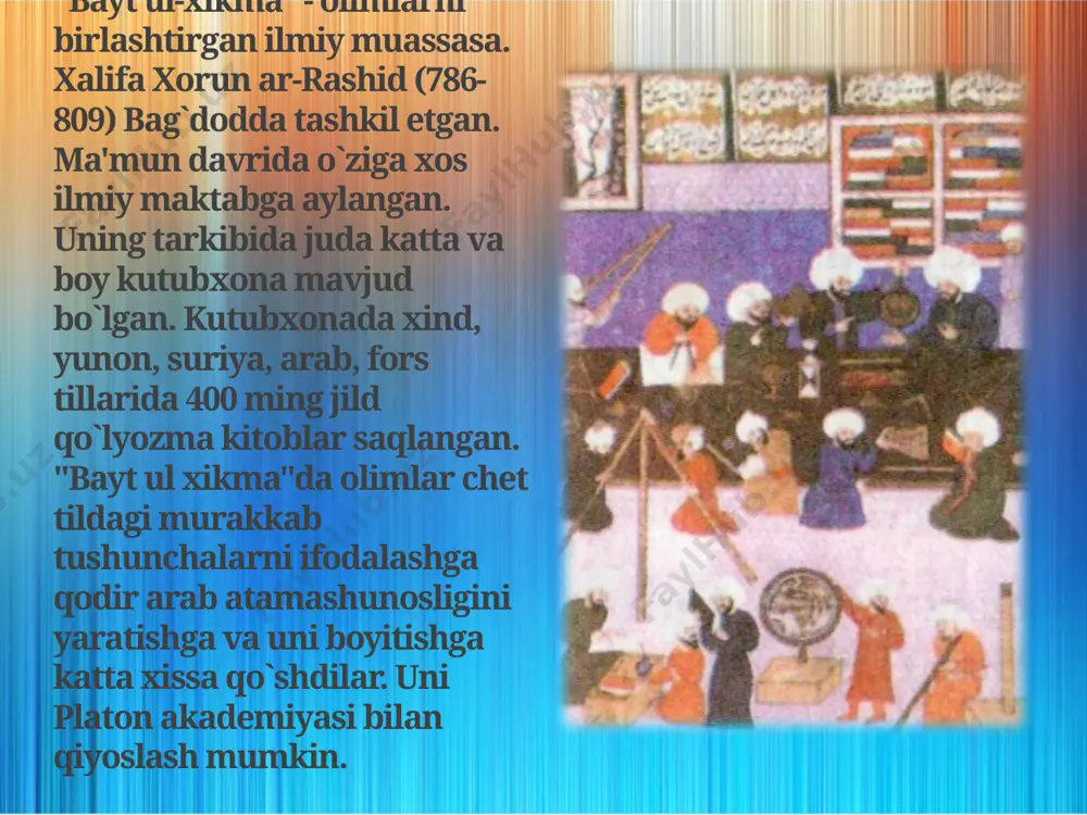 1048-yilda g`aznada vafot etadi. beruniyning falakiyot, geografiya, matematika va tarix fanlari bo`yicha 160 dan ortiq asarlari bizgacha yetib kelgan. uning "qadimgi xalqlarlardan qolgan yodgorliklar", "xindiston", "mineralogiya","geodeziya" kabi yirik asarlari shular jumlasidandir. u o`zining falakiyotga oid asarlarida kopernikdan qariyb besh asr muqaddam yerning quyosh atrofida aylanishi xaqidagi fikrni o`rta asrlarda birinchi bo`lib ilgari surdi. beruniy yerning dumaloq shaklda ekanligini asoslab berdi. u 1029 ta yulduzning koordinatlari va yulduz kattaliklari qayd etilgan yulduzlar jadvalini va dunyoning geografik kartasini tuzgan. ibn xavqalning movaraunnahr xaritasi tasavvuf tariqatlari naqshbandiylik yassaviylik kubroviylik qodiriylik shoziliylik mahmud qoshg'ariyning dunyo xaritasi e'tiboringiz uchun rahmat ! image4.jpeg image5.jpeg image6.jpeg image7.jpeg image8.jpeg image9.png image10.png image11.png image12.png image13.png image3.png /docprops/thumbnail.jpeg