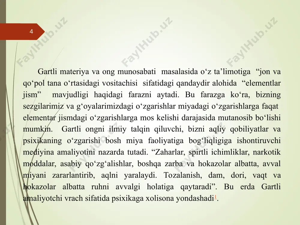 an ayniylashtiriladi. bu noto‘g‘ri. ruhiyat – ongga qaraganda murakkabroq tuzilma bo‘lib, u aks ettirishning ikki sohasi – ong va ongsizlikni o‘z ichiga oladi. har xil tushlar, gallyusinatsiyalar, xayoldan ketmaydigan g‘oyalar, intuitsiya va shu kabilar ongsizlikning namoyon bo‘lish shakllariga misol bo‘lishi mumkin. ular odamlar ruhiyati va xulq-atvoriga kuchli ta’sir ko‘rsatadi, lekin ayni vaqtda bu jarayonlarni boshqarish nuqtai nazaridan ularga bo‘ysunmaydi. * individual ong * individual ong inson miyasining ob’ektiv borliqni ideal obrazlarda aks ettirish va bu obrazlardan fikrlash jarayonida foydalanish qobiliyati. uni bevosita kuzatish mumkin emas. ong faqat inson miyasi ishining natijasi, uning xossasi sifatida, shuningdek ong namoyon bo‘lishining fikrlar, g‘oyalar, e’tiqodlar, qadriyatlar, mo‘ljallar va shu kabilar tarzida ifodalangan turli shakllari orqali tadqiq etilishi mumkin. * ijtimoiy ong asrlar mobaynida abadiy mavjud bo‘lgan, yo‘q qilib bo‘lmaydigan narsa sifatida qaralgan, uning borlig‘i esa butun insoniyat borlig‘i yo‘q bo‘lishi bilan barham topishi mumkin, deb hisoblangan. ammo xx asrning o‘rtalarida odamlar o‘z-o‘zini qirg‘in qilish …