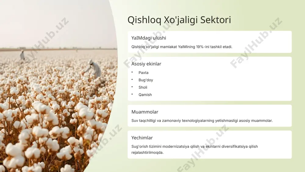 aa kabi davlatlar bilan faol savdo qilinadi. 1 chet el investitsiyalari alohida sohalarga, ayniqsa energetika va infratuzilma sohasiga yo'naltirilgan. 2 savdo siyosati investitsiya muhitini yaxshilash uchun yangi qoidalar joriy qilinmoqda. 3 10 o‘zbekiston—pokiston munosabatlari pokiston – o‘zbekiston mustaqilligini birinchilardan bo‘lib, 1991-yilning 20-dekabrida tan olgan. o‘zaro diplomatik munosabatlar esa 1992-yil 10-maydan boshlab o‘rnatilgan. ikki davlat o‘rtasidagi iqtisodiy aloqalar keyingi yillarda yangi bosqichga ko‘tarildi. 2019-yildagi 122 mln dollarlik savdo aylanmasi 2023-yilga kelib 387 mln dollarga yetdi. statistika agentligi maʼlumotlariga ko‘ra, 2024-yilda o‘zbekiston pokistonga 124,7 ming tonna meva-sabzavot mahsulotlari eksport qilgan. bu mahsulotlarning umumiy qiymati 192,3 mln dollarni tashkil etdi. shu bilan birga, pokiston 2024-yilning o‘zbekiston eksport bozoridagi eng muhim sheriklardan biriga aylanib, savdo hajmi 300 million dollarga yetdi. demografiya va mehnat bozori 1 aholi soni 240 milliondan ortiq, yoshlar ulushi yuqori. 2 mehnat bozorining xususiyatlari kasbiy tayyorgarlik past va informatsiya almashinuvi cheklangan. 3 ishsizlik muammolari maxsus choralar va bandlik dasturlari ishlab chiqilmoqda. …