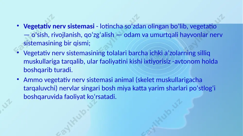 ng yupqa miyelin pardasi bor. postganglionar nerv tolalari juda ingichka, 2 mkm dan ortiq kelmaydi, miyelin pardasi bo'lmaydi, bu tolalar c tipga kiradi. postganglionar tolalar nerv oxirlaridan ijrochi organga va gangliya-larda qo'zg'alish o'tishi mediatorlar — asetilxolin yoki noradrenalin yordamida yuzaga chiqadi. qo'zg'alishni o'tkazuvchi modda asetilxolin bo'lsa, u holda bunday nerv tolasi xolinergik tola deb, bordiyu, o'sha modda noradrenalin bo'lsa, bunday nerv tolasi adrenergik tola deb ataladi. vegetativ nerv sistemasi moddalar almashinuvi jarayonida qatnashadigan barcha aʼzolarning - yurak-qon tomir, nafas, hazm qilish, ajratish, koʻpayish toʻqima va muskullar trofikasini (trophe — ovqat) bevosita yoki gumoral (suyuqlik muhit vositasida) yoʻl bilan idora etadi. vegetativ nerv sistemasi joylanishi va faoliyatiga koʻra animal nerv sistemasidan birmuncha farq qiladi. animal nerv sistemasi faqat koʻndalang-targʻil (skelet) muskullarni idora qilsa, vegetative nerv sistemasi hujayralar, toʻqimalar va silliq muskullarni nerv bilan taʼminlaydi. . animal nervlar miya stvoli va orqa miyaning barcha segmentlaridan bir tekisda chiqadi, vegetativ nervlar esa markaziy …
