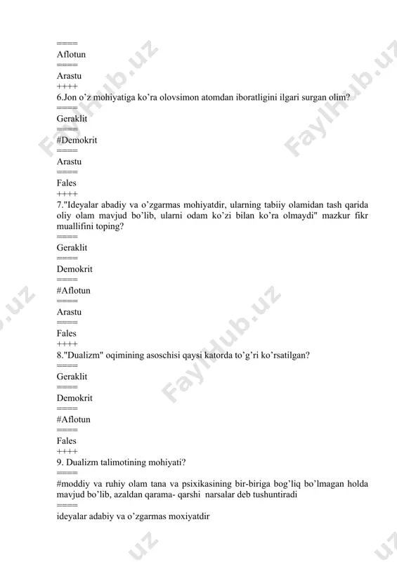 rinchi bo’lib, ruh va jonli tananing ajralmasligini isbotlab berdi? ==== aflotun ==== anakseman ==== #arastu ==== geraklit ==== fales ++++ 11. "jon qismlarga bo’linmaydi, lekin u faolyatning oziqlanishi, his etishi va harakatga kelishi, aql-idrok kabi turlarga oid qobiliyatlarni namoyon qiladi" mazkur fikr kim tomonidan ilgari surilgan? ==== aflotun ==== anakseman ==== #arastu ==== geraklit ++++ 2. dunyoda kim birinchi bo’lib psixoterapevtik usullarni qo’llagan? ==== aflotun ==== arastu ==== #abu ali ibn sino ==== abu nasr farobiy ==== 13. qaysi qatorda inson miyasining og’irligi to’g’ri ko’rsatilgan? ==== 1250-1350g ==== 1380-1450g ==== 1350-1475g ==== #1350-1400g ++++ 14. inson miyasida qancha miqdorda nerv hujayralari mavjud? ==== 11 mil. ==== 13 mil. ==== #14-15 mil ==== 13-14mil. ++++ 15. inson miyasining funksional tuzilishini o’rgangan olim qaysi qatorda ko’rsatilgan? ==== i.p.pavlov ==== i.m.sechenov ==== #a.r.luriya ==== m.teplov ==== ++++ 16. nerv hujayrasi va uning o’simtalari ularni qoplovchi pardalar ………… deb ataladi? ==== akson ==== #dendrite …