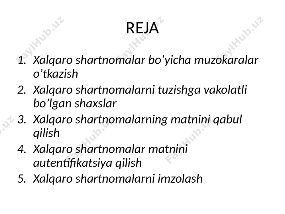 sida amalga oshiriladi va muzokaralarda ishtirok etayotgan tomonga yoki depozitariyga: muzokaralar olib borish va xalqaro shartnomaning matnini qabul qilish yoki uning autentikligini belgilash; xalqaro shartnomani imzolash; oʼzbekiston respublikasining xalqaro shartnoma oʼzi uchun majburiy ekanligiga roziligini bildirish; xalqaro shartnomaga taalluqli boshqa harakatni amalga oshirish maqsadida beriladigan vakolatlar toʼgʼrisidagi guvohnoma bilan tegishli tarzda rasmiylashtiriladi. tashqi ishlar vazirligining o’rni chet davlatlar, xalqaro tashkilotlar va xalqaro shartnomalar tuzish huquqiga ega boʼlgan boshqa subʼektlar bilan oʼzbekiston respublikasining xalqaro shartnomalarini tuzish, ularning amal qilishini toʼxtatib turish va ularni tugatish masalalari boʼyicha oʼzaro munosabatlar oʼzbekiston respublikasi tashqi ishlar vazirligi orqali amalga oshiriladi. shartnoma tuzish vakolati oʼzbekiston respublikasining xalqaro shartnomalarini tuzish huquqi davlatga tegishlidir. oʼzbekiston respublikasining xalqaro shartnomalari quyidagicha tuziladi: oʼzbekiston respublikasi nomidan — davlatlararo shartnomalar; oʼzbekiston respublikasi hukumati nomidan — hukumatlararo shartnomalar; davlat organlari nomidan oʼz vakolatlari doirasida — idoralararo shartnomalar. xalqaro shartnomalarni tuzish bosqichlari muzokara vakolatli shaxsga davlat tomonidan yorliqning taqdim etilishi yorliqlar almashinuvi shartnoma matnini …