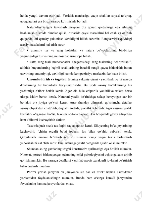 yuborish kerak. qo‘yilmada nimani bo‘rttirib (chizib) nimani fonga yaqin tusda birlashtirib yuborilishini xal etish zarur. buni naturaga yaxlit qaraganda ajratib olish mumkin. shundan so‘ng gavdaning to‘g‘ri konstruktiv qurilmasiga ega bo‘lish mumkin. nixoyat, portreti ishlanayotgan odamning ichki psixologiyasini ochishga xam urinib qo‘rish mumkin. bu narsaga detallarni yaxlitlab asosiy xarakterli joylarini bo‘rttirish bilan erishish mumkin. portrer yozish jarayoni bu jarayonda siz har xil effekt hamda lisirovkalar yordamidan foydalanishingiz mumkin. bunda ham o‘zizga kerakli jarayondan foydalaning hamma jarayonlardan emas. masalan dyurer o‘z avtoportretlaridan o‘zidan foydalanib o‘zi o‘rgangan. qalamtasvir va rangtasvir siz buni hammasini o‘rgana olmaysiz lekin o‘zizga yetarlicha o‘rganishga harakat qiling. adabiyotlar: 1. o’zbekiston enstiklopediyasi ―j‖ harfi 2. boymetov b. ―qalamtasvir‖. darslik 1-qism. toshkent,2006 3. tolipov n., abdirasilov s., oripova n. rangtasvir. t., 2006. 4. abdirasilov s. tolipov n., oripova n. ―dastgohli rangtasvir‖ (2qism). t., 2003. 5. tojiev b. ―dastgohli rangtasvir‖ fanidan ma’ruzalar matni. t.,2000. 6. tolipov n. abdirasilov s. ―dastgohli rangtasvir‖-toshkent. 2005. …