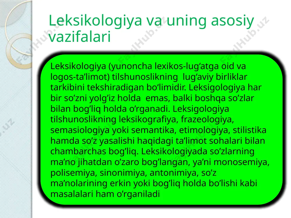 paronimlardagi undoshlarning talaffuz o‘rni va usuliga ko‘ra bir xilligi ularni omofonlarga yaqinlashtiradi. masalan: burch-burj, dars-darz, qars-qarz. biroq aksariyat paronimlarda bunday undoshlar jarangli-jarangsiz juftlik bo‘lmay, hosil bo‘lishi o‘rniga ko‘ra o‘xshashlikka asoslanadi. sinonimlar sinonimlar(yunoncha synonimon-bir xil nomli so‘zidan olingan) fonetik tarkibi har xil, ma’nolari bir xil yoki bir-biriga yaqin bo‘lgan so‘zlardir. ma’nodoshlikning so‘zlar asosida yuzaga kelgan turi leksik (lug‘aviy) sinonimlar deyiladi. sinonimlar yuzaga kelishi va ma’nolariga ko‘ra quyidagi turlarni tashkil qiladi: to‘liq (sof) sinonimlar. aynan bir tushunchani anglatish va nutq jarayonida biri o‘rnida ikkinchisini ishlatish mumkinligi bilan ajralib turadi. ular ko‘pincha boshqa tillardan kirib kelgan o‘zlashma so‘zlarning o‘zbekcha so‘zlar bilan ma’nodoshligi asosida hosil bo‘ladi: ma’noviy sinonimlar. bir-biridan nozik ma’nolari ya’ni ijobiy, salbiyligi yoki uslubiy va boshqa jihatdan farqlanuvchi ma’nodosh so‘zlardan tashkil topadi. shartli sinonimlar. muayyan matndagina ma’nodoshlikka ega bo‘ladigan sinonim so‘zlardir. ular ko‘pincha she’riyatda kuchli his-tuyg‘u ifodalovchi vositalar sifatida qo‘llaniladi antonimlar antonimlar (yunoncha anti-zid, onoma-nom so‘zidan olingan bo‘lib) o‘zaro zid tushunchalarni ifodalaydigan …