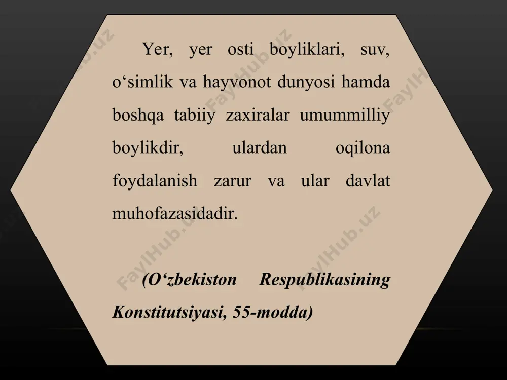abiiy gaz zahiralari mavjud bo’lib, ularning ayrimlari asosida yirik konlar ochilgan. “neft va gaz mavjud bo’lgan 5 ta asosiy mintaqani ajratib ko’rsatish mumkin, bular: ustyurt, buxoro-xiva, janubi – g’arbiy hisor, surxondaryo, farg’ona mintaqalaridir. maklaturadan qog’oz ishlab chiqarish jarayonida daraxtlardan olishga nisbatan atmosfera havosini 73%, suvning ifloslanishi 25%, qattiq chiqindilarning hajmi esa 93%ga kamayadi bundan tashqari maklaturadan 1 tonna qog’oz ishlab chiqarishda 4,7-5,6 m3 hajmdagi daraxtlar va 165-200m3 suv saqlab qolinadi hozirgi kunda quyosh va shamol dengiz to’lqinlaridan energiya sifatida foydalanish yo’lga qo’yilgan bu ta’biiy resuslar oqilona foydalanishning samarali ko’rsatgichlariga katta ta’sir ko’rsatadi bu ta’biiy resuslarni kelan avlod uchun xizmat qilishini taminlaydi