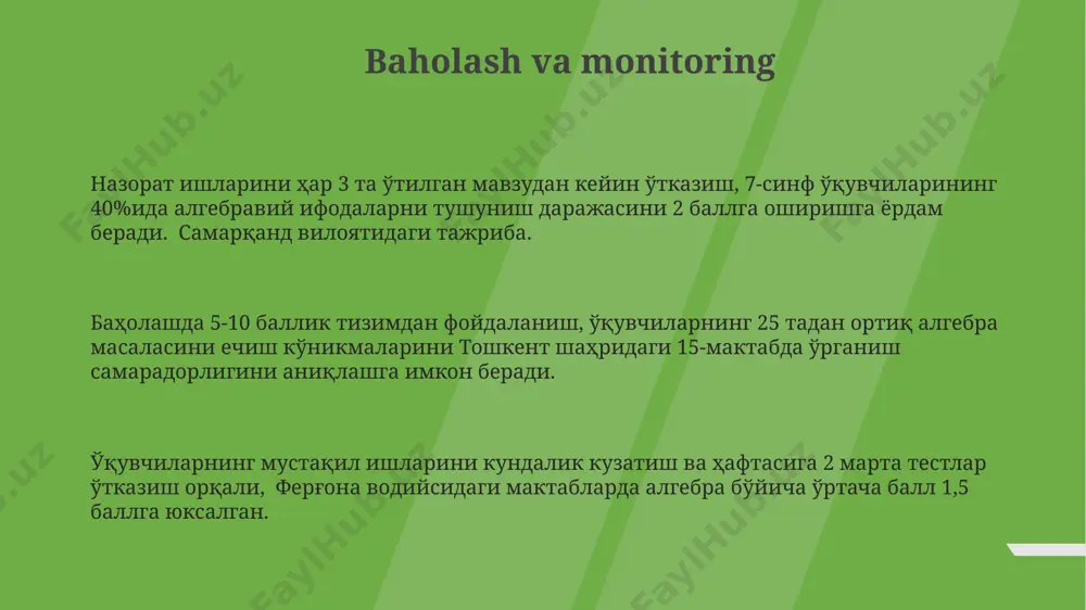 sullari toshkentdagi eksperimental maktabda o'tkazilgan tadqiqotlar shuni ko'rsatdiki, algebraik tenglamalarni 8-sinf o'quvchilariga 3 bosqichli yondashuv (tushuntirish, namuna, mustaqil yechish) orqali o'rgatish natijalari 25% ga yaxshilangan. algebraviy ifodalarni soddalashtirishda 5-7-sinf o'quvchilariga samarqanddagi maktablarda amaliy mashqlar va o'yinlar orqali 20 ta misollarni yechishni o'rgatish samarali usul hisoblanadi. algebraik tengsizliklarni yechishda geometrik modellardan foydalanish, xususan, 9-sinf o'quvchilariga andijon viloyatidagi maktablarda qo'llanilgan usul, tushunchani 15% ga osonlashtiradi va muvaffaqiyat darajasini oshiradi. e'tiboringiz uchun rahmat @taqdimot_robot