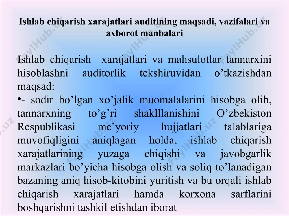 yot qismlar idishlar va hakozo ishlab chiqarish xarakteridagi bevosita va bilvosita mehnat haqi xarajatlari asosiy ish haqlari qo’shimcha ish haqlari ish haqiga ustamalar ishlab chiqarishga taalluqli mehnat haqidan ajratmalar ijtimoiy ta’minot bo’limiga mehnat birjasiga kasaba uyushmasiga asosiy vositalar va nomoddiy aktivlar amortizatsiyasi, eskirish xarajatlari asosiy vositalarning eskirishi nomoddiy aktivlarning eskirishi asosiy vosita va nomoddiy aktivlarni ijara haqlari ishlab chiqarish xarakteridagi boshqa xarajatlar turli ishlar va xizmatlar soliqlar, yig’imlar va hakozo. ishlab chiqarish moddiy xarajatlari elementi tarkibiga ishlab chiqariladigan mahsulotning asosini tashkil etuvchi yoki mahsulotni tayyorlash (ishlarni bajarish va xizmatlarni ko’rsatish)da zarur tarkibiy qism hisoblangan, chetdan sotib olingan xom-ashyo va materiallar,butlovchi buyumlar va yarim tayyor mahsulotlar,ish va xizmatlar hamda nizomda belgilangan boshqa xarajatlar kiradi. «xarajatlar tarkibi..... to’g’risidagi nizom»ga muvofiq ishlab chiqarish faoliyatiga taalluqli joriy ijaraga olish bilan bog’liq xarajatlar ham mahsulotlar tannarxiga kiritiladi. ijara to’lovlarini mahsulotlar tannarxiga kiritish bo’yicha nizomda hech qanday cheklashlar ko’zda tutilmagan. xususan, joriy tartibda ijaraga olingan asosiy …