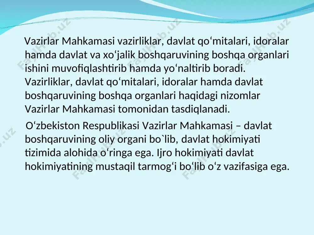 iyati ustidan jamoatchilik nazoratini kuchaytirishni nazarda tutdi. bosh vazirga nisbatan ishonchsizlik votumi bildirish tartibi o‘rnatildi. shuningdek vazirlar mahkamasining mustaqilligi kengaytirildi. shuningdek, o‘zbekiston respublikasi prezidenti vazirlar mahkamasining vakolatiga kiruvchi har qanday masalalar yuzasidan qaror qabul qilishi mumkin degan qoida chiqarib tashlandi. vazirlar mahkamasini shakllantirish tartibi o‘zbekiston respublikasining birinchi prezidenti i.a.karimov tomonidan ilgari surilgan “mamlakatimizda demokratik islohotlarning yanada chuqurlashtirish va fuqarolik jamiyatini rivojlantirish konsepsiyasi”da vazirlar mahkamasini shakllantirishni, bosh vazirni lavozimga tayinlashni yanada demokratik, jahon davlatchilik tajribalariga mos tartibini o‘rnatish zarurligi haqida g‘oyani ilgari surdi va bu borada konstitutsiyaga kiritish zarur bo‘lgan o‘zgartirish, qo‘shimchalarni belgilab berdi. konsepsiya ko‘rsatmalari asosida konstitutsiyaga o‘zgartirishlar kiritildi. o‘zbekiston respublikasi bosh vaziri va o‘zbekiston respublikasi oliy majlisining qonunchilik palatasi o‘rtasida ziddiyatlar doimiy tus olgan holda qonunchilik palatasi deputatlari umumiy sonining kamida uchdan bir qismi tomonidan o‘zbekiston respublikasi prezidenti nomiga rasman kiritilgan taklif bo‘yicha o‘zbekiston respublikasi oliy majlisi palatalarining qo‘shma majlisi muhokamasiga bosh vaziriga nisbatan ishonchsizlik votumi bildirish haqidagi masala …