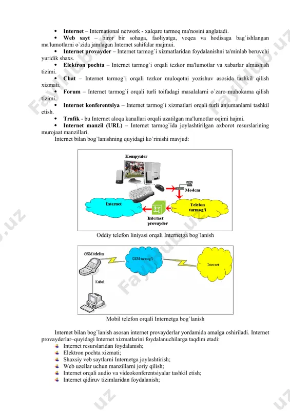 asi, gopher sistemasi va butun dunyo tarmog`i- www. demak www internetning faqatgina bir qismidir. lekin u juda tez rivojlanmoqda. www - internet ning ommabop xizmat turidir. unga ulanish uchun kompyuter bilan modem etarlidir. shuning uchun butun dunyo tarmog`i butun olam axborotlar ombori-kutubxonaga aylanib koladi va u dunyoga yoyiladi. www da ma'lumotlar saxifalarda joylashadi. www saxifalarning soni oxirgi 3 yilda yuz milliondan oshib ketdi. bu saxifalarning egasi kim? ular yirik korporatsiyalar yoki kichik korxonalar, universitet va maktablar, tashkilotlar, jurnal va ruznomalar yoki oddiy shaxslardir. bu saxifalarda turli-tuman ma'lumotlar joylanadi. hozirgi kunda www axborot olishning va tarqalishning eng qulay usulidir. u unga kiruvchi va ulangan barcha kompyuterlarning o’zaro ma'lumotlar almashish imkoniyatini yaratib beradi. intеrnеt - bu yagona standart asosida faoliyat ko`rsatuvchi jahon global kompyutеr tarmog`idir. uning nomi «tarmoqlararo» dеgan ma'noni anglatadi. u mahalliy (lokal) kompyutеr tarmoqlarni birlashtiruvchi axborotlashgan tizim bo`lib, o`zining alohida axborot maydoniga ega bo`lgan virtual to`plamdan tashkil topadi. intеrnеt, unga …