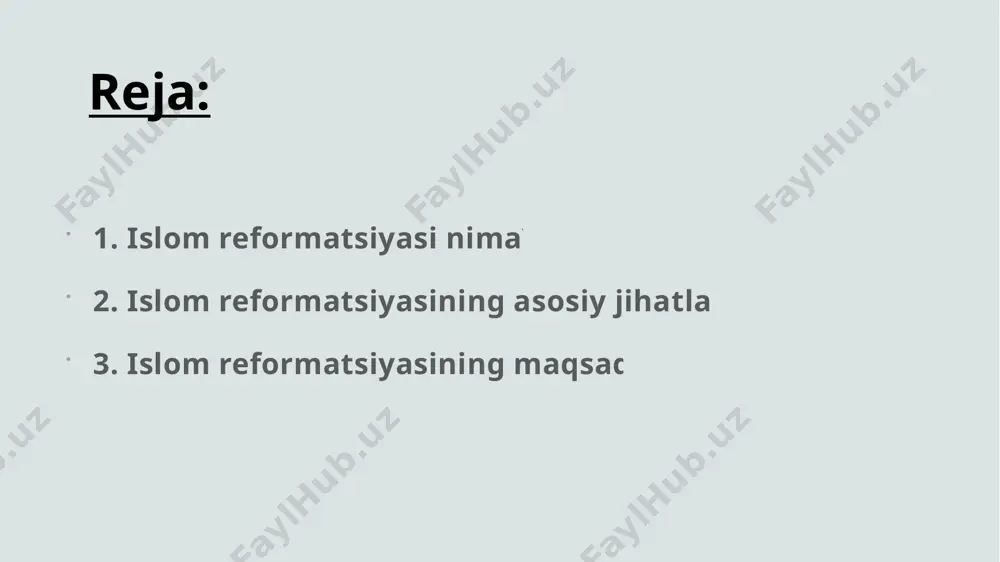 k va bag'rikenglik dini ekanligini ta'kidlaydilar. 6 islom reformatsiyasining asosiy maqsadi-ko'pincha jamiyatdagi nogironliklarni, tafovutlarni bartaraf etish, diniy tushunchalarni zamonaviy talablarga moslashtirish, ijtimoiy adolatni ta'minlash va islomning asosiy qadriyatlarini bugungi dunyo bilan uyg'unlashtirishdir. 7 islom reformatsiyasi o'zining turli shakllarida yuzaga kelgan. bu jarayon ko'plab tarixiy davrlar va hududlarda farq qilgan, masalan, xix asrning oxiridan xx asr boshlariga qadar ko'plab musulmon intelektualari va siyosatchilari islomni yangilash uchun turli takliflar bilan chiqqan, jumladan, zamonaviy ta'lim tizimlari, gender tengligi, demokratik islohotlar va ijtimoiy tengsizlikni bartaraf etish kabi sohalarda. bundan tashqari, islom reformatsiyasi turli mintaqalarda turlicha talqin qilingan: masalan, turkiyada mustafa kamol atatürkning islohotlari, misrda muhammad abduhning ilmiy va diniy yangilanishlari, yoki indoneziyadagi muhammadiyya va nahdlatul ulama kabi diniy harakatlar orqali amalga oshirilgan. 8 xulosa: islom reformatsiyasi bir necha asrlar davomida davom etgan va davom etayotgan jarayondir. uning shakllari va natijalari juda xilma-xil bo'lib, har bir mintaqa va davrda o'ziga xos xususiyatlarga ega. islom reformatsiyasining …