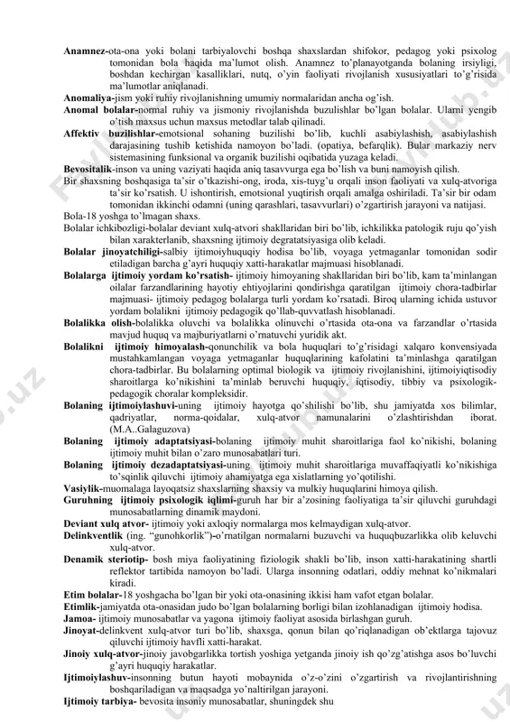 rincipium») – biror-bir nazariyaning asosi, negizi, asosiy boshlang‘ich qoidasi; boshqaruvchi g‘oya, faoliyatning asosiy qoidasi; umumlashtirilgan talab. tarbiya – muayyan, aniq maqsad hamda ijtimoiy-tarixiy tajriba asosida shaxsni har tomonlama o‘stirish, uning ongi, xulq-atvori va dunyoqarashini tarkib toptirish jarayoni. tarbiya jarayoni - o‘qituvchi va o‘quvchi (tarbiyachi va tarbiyalanuvchi)lar o‘rtasida tashkil etiluvchi hamda aniq maqsadga yo‘naltirilgan samarali hamkorlik jarayoni. tarbiya mazmuni - shaxsning shakllanishiga qo‘yiluvchi ijtimoiy talablar mohiyati. tarbiya metodi (yunoncha «metodos» – yo‘l) – tarbiya maqsadiga erishish yo‘li; tarbiyalanuvchilarning ongi, irodasi, tuyg‘ulari va xulqiga ta’sir etish usullari. tashhis –didaktik jarayon kechadigan barcha sharoitlarni oydinlashtirish, uning natijalarini belgilash. ta’lim – o‘quvchilarga nazariy bilimlarni berish asosida ularda amaliy ko‘nikma va malakalarni shakllantirish, ularning bilish qobiliyatlarini o‘stirish va dunyoqarashlarini tarbiyalashga yo‘naltirilgan jarayon. ta’lim va tarbiya mazmuni – shaxsning aqliy va jismoniy qobiliyatini har tomonlama rivojlantirish, dunyoqarashi, odobi, xulqi, ijtimoiy hayot va mehnatga tayyorlik darajasini shakllantirish jarayonining mohiyati. ta’lim vositalari – ta’lim samaradorligini ta’minlovchi ob’ektiv (darslik, …