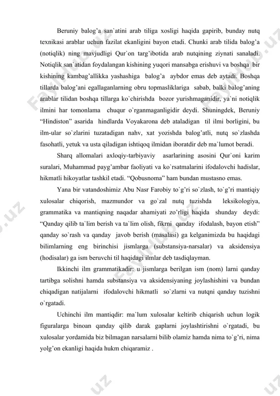 h va ta`lim olish, fikrni qanday ifodalash, bayon etish” qanday so`rash va qanday javob berish (masalasi) ga kelganimizda bu haqidagi bilimlarning eng birinchisi jismlarga (substansiya-narsalar) va aksidensiya (hodisalar) ga ism beruvchi til haqidagi ilmlar deb tasdiqlayman. ikkinchi ilm grammatikadir: u jismlarga berilgan ism (nom) larni qanday tartibga solishni hamda substansiya va aksidensiyaning joylashishini va bundan chiqadigan natijalarni ifodalovchi hikmatli so`zlarni va nutqni qanday tuzishni o`rgatadi. uchinchi ilm mantiqdir: ma`lum xulosalar keltirib chiqarish uchun logik figuralarga binoan qanday qilib darak gaplarni joylashtirishni o`rgatadi, bu xulosalar yordamida biz bilmagan narsalarni bilib olamiz hamda nima to`g’ri, nima yolg’on ekanligi haqida hukm chiqaramiz . yuqorida ko`rsatilganlardan ko`rinadiki, grammatika va mantiq fanlarining nutq tuzishdagi ahamiyatini ikki buyuk olim ham yuksak darajada anglaganlar va ularga katta ahamiyat berganlar. abu nasr farobiyning asli ismi abu nasr muhammad ibn muhammad ibn ulug’ tarxon bo`lib, u “sharq arustusi”, “muallimi soniy” hisoblangan. olim butun umri mobaynida 160 dan ortiq asar …