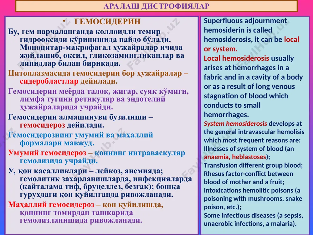sises (pellagra), 3) пернициозная an anaemia, 4) some diseases of hepar 5) congenital defects of infringement of an exchange. протеиноген пигментлар протеиноген, яъни тирозиноген пигментларга қуйидагилар киради: 1. меланин. 2. адренохром. 3.энтерохромаффин ҳужайра пигменти. меланин юнонча melas – қора деган, кулранг-қора рангли пигмент. тери, соч ва кўзнинг ранги меланинга боғлиқ. меланин ўзида углерод, азот ва олтингугурт ушлайди. меланогенезнинг бошқарилиши нерв ва эндокрин тизим орқали амалга оширилади. меганостимулловчи, актг, қолқонсимон без, жинсий без гормонлари таъсирида м кўпаяди. парасимпатик нерв тизими ва мелатонин камайтиради. меланин алмашинуви бузилиши меланоз дейилади. умумий ва маҳаллий меланоз турлари бор. умумий меланоз – кахексия, авитаминоз, захарланиш ва эндокрин касалликларида кузатилади, аддисон касаллигида. melanin (from греч. melanos - black) - endogenous tiro-zinogennyj the pigment - is a physiological accessory malpigies a layer epidermis and an epithelium of hair bulbs. the hair colour is connected with melanin adjournment, an eye, skin. a source of this pigment - amino acid …