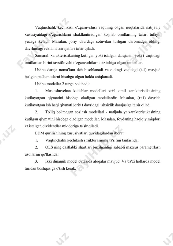 kzogen xususiyatning kechiktirilgan va joriy qiymatlarining ta'sirining kuchi boshqacha. regressiya koeffitsientlari vaqtning turli nuqtalariga taalluqli endogen va ekzogen o'zgaruvchilar o'rtasidagi munosabatlarning kuchini aniqlaydi. agar siz ushbu koeffitsientlarning kechikish qiymatiga bog'liqligini chizsangiz va kechikish strukturasining grafik tasvirini yoki omil o'zgaruvchisining natijaga ta'sirining vaqt taqsimotini olsangiz. 1.2 lag tuzilishining asosiy holatlari bunday modellarga odatiy eng kichik kvadratlarni qo'llash ko'p hollarda quyidagi sabablarga ko'ra qiyin: 1) mustaqil o'zgaruvchining joriy kechikish qiymatlari, qoida tariqasida, chambarchas bog'liq (ko'p chiziqlilik). 2) katta kechikish bilan model qurilgan kuzatuvlar soni kamayadi va uning omil xarakteristikalari soni ortadi, bu esa modeldagi erkinlik darajalarining yo'qolishiga olib keladi. 3) taqsimlangan kechikish modellarida ko'pincha qoldiqlarning avtokorrelyatsiyasi muammosi paydo bo'ladi. bularning barchasi beqaror va samarasiz parametrlarni baholashga olib keladi, shuning uchun ko'p hollarda kechikish strukturasi haqidagi taxmin iqtisodiy fikrlash va ilgari o'tkazilgan iqtisodiy tadqiqotlarga asoslanadi. 2. almon lag usuli almon jurnallari - bu turli tartibli ko'phadlar bilan tavsiflangan tuzilishga ega bo'lgan jurnallar (r …