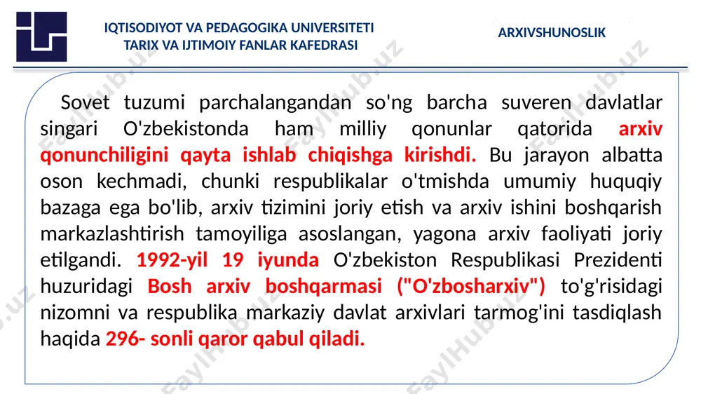 arxivlari va idoraviy arxivlarda faoliyat olib boruvchi xodimlar, shuningdek ish yurituvchi lavozimida faoliyat ko'rsatayotgan xizmatchilar uchun birinchi marotaba markaziy davlat arxivlari qoshida qisqa muddatli malaka oshirish kurslari tashkil etildi. bu esa sohada faoliyat olib borayotgan xodimlarning kasb mahoratini oshirish uchun samarali ta'sir ko'rsatmoqda. ilk bor respublika markaziy davlat arxivlari xorijiy grant doirasida ( koreya respublikasi) texnik modernizatsiyalashtirildi. o'zbekiston arxiv boshqaruv tizimi xalqaro arxivlar kengashi a'zoligiga qabul qilindi. bu esa o'z navbatida, arxiv ishi sohasida amalga oshirilayotgan ishlar samaradorligini ko'tarish va izchilikni ta'minlashga zamin yaratdi. arxivshunoslik iqtisodiyot va pedagogika universiteti tarix va ijtimoiy fanlar kafedrasi uchinchi bosqich - 2010-2016 yillar. 2010-yil 15-iyunda tasdiqlangan o’zbekiston respublikasining “arxiv ishi to'g'risida”gi qonuni qabul qilishi nafaqat respublika davlat arxivlari, balki nodavlat va idoraviy arxivlar faoliyatini ham yanada takomillashtirish, ularning moddiy-texnika bazasini mustahkamlash, kadrlar tayyorlash va xodimlar malakasini oshirish tizimini jadallashtirish, zamonaviy axborot texnologiyalarini joriy etish va xalqaro hamkorlik masalalarini rivojlantirishga imkoniyatlar ochib berdi. arxivshunoslik iqtisodiyot …