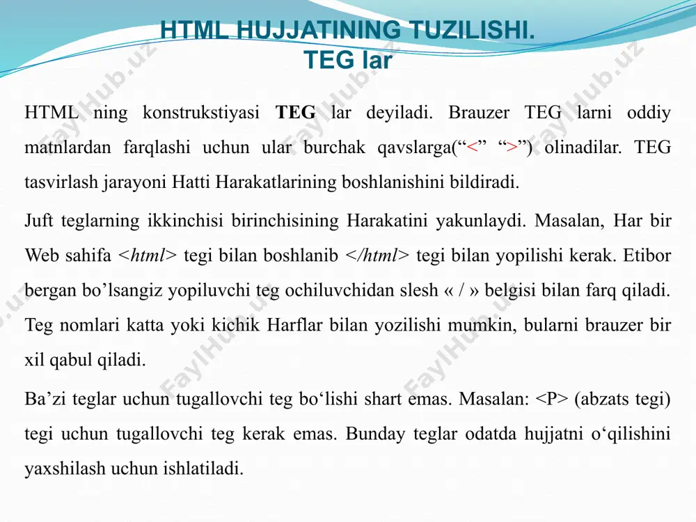 ning ikkita usuli mavjud. ko‘p qo‘llaniladigan usul kerakli rangning rgb kodini ko‘rsatishdir. ma’lumki har qanday rangni uchta asosiy: qizil, yashil va ko‘k ranglarning qorishmasidan hosil qilish mumkin. brauzerlar bizga o’n olti milliondan ortiq rangni tasvirlash imkoniyatini beradi, chunki asosiy 3 ta rangdan har birining qiymati 0 dan 255 gacha qiymat qabul qiladi. ixtiyoriy rang har biri asosiy ranglarning ulushini ifodalovchi 3 ta son majmuasidan iborat bo‘ladi. html tilida rang qulaylik uchun 16 lik sistemadagi 6 ta raqamlardan tashkil topadi. masalan: color = “#ff0000” 16 lik raqamlar oldida “#” belgisi qo‘yiladi. rang ulushlarini ko‘rsatib turuvchi raqamlar tartibiga e’tibor berish kerak. chunki birinchi qizil, ikkinchi yashil va uchinchi ko‘k rang ulushlari joylashadi. biz yuqoridagi misolda qizil rangni tasvirlangan. ranglar va o‘lchov birliklari № rang 16 lik kodi yozma qiymati 1 2 3 4 5 6 7 8 9 10 11 12 13 14 15 16 qora kumush rang och qora oq to’q …