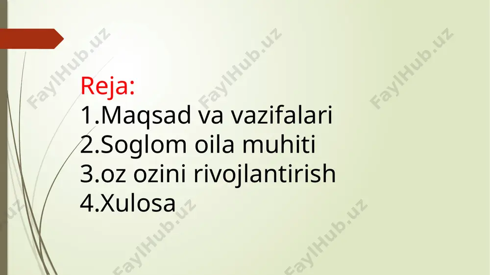 vatlash, masalan, stressli vaziyatlarda yordam berish. • fikr almashish: qarorlar qabul qilishda bir-birining fikrini hisobga olish. ▎2.4. o'zaro hurmat • hurmat ko'rsatish: bir-birining shaxsiy chegaralariga hurmat qilish va qadrlash. • sadoqat: o'zaro sadoqatni saqlash va bir-biriga ishonch bildirish. ▎2.5. birgalikda faoliyatlar • hobbilarni baham ko'rish: birgalikda sevimli faoliyatlar bilan shug'ullanish (sport, sayohat, san'at). • oilaviy an'analar: oilaviy an'analarni yaratish va ularni saqlab qolish. er-xotin juftligining maqsadlari va vazifalari o'zaro munosabatlarning mustahkamligi va oilaning farovonligini ta'minlashga qaratilgan. o'zaro muloqot, hurmat, qo'llab-quvvatlash va mas'uliyatlarni bo'lishish orqali, er-xotinlar bir-birlariga yordam berib, hayot yo'lida muvaffaqiyatli yurishlari mumkin. bu jarayonlarda har bir a'zo o'z shaxsiy rivojlanishi uchun ham imkoniyat yaratishi muhimdir. sog'lom oila muhitini yaratish er-xotin juftligining farovonligi va barqarorligini ta'minlashda juda muhimdir. oila - bu inson hayotidagi eng muhim ijtimoiy birliklardan biri bo'lib, uning ichida har bir a'zo o'zining hissiyotlarini, fikrlarini va ehtiyojlarini ifoda etishi mumkin. sog'lom oila muhitini yaratish uchun quyidagi jihatlarni batafsil …