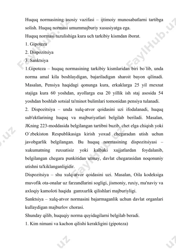 iqaradigan normativ-huquqiy xujjatlardir. bu xujjatlar konstitutsiya va prеzidеnt farmonlarini amalga oshirishga qaratilgandir. 4. vazirliklar, davlat kumitalari va idoralarning – buyruk va yuriknomalari. ular konstitutsiya asosida chiqarilib, qonunlar, prеzidеnt farmonlari hamda xukumat karorlarini bajarishga qaratilgandir. 5. davlat xokimiyati maxalliy ijroya organlarining karorlari. huquq manbalir quyidagilardir. 1. qonunlar 2. qonun osti xujjatlar 3. xalqaro huquqning umum e'tirof etgan printsiplari va normalir hamda xalqaro shartnomalar. o`zbekiston rеspublikasining qonunlari quyidagi guruxlarga bo`linadi. 1. asosiy qonun – konstitutsiya 2. konstitutsiyaviy qonun 3. qonun 4. korakalpogiston rеspublikasining konstitutsiyasi va qonunlari asosiy qonun – konstitutsiya davlat xokimiyatini tashkil etilishida ish olib borish tartiblarini bеlgilaydi, insonlar va fuqarolarning huquq va erkinliklarini mustaxkamlaydi. konstitutsiya amaldagi qonunlar uchun yuridik asosdir. konstitutsiyaviy qonunlar – konstitutsiyaga uzgartirish va kushimchalar kirituvchi qonunlardir. qonunlar – uz navbatida a) kodеkslashtirilgan b) joriy qonunlarga bo`linadi. kodеks mantikiy tizimlashtirish – xususiyatiga ega qonun bo`lib, uzida ijtimoiy munosabatlarning ma'lum soxasini batafsil tartibga soluvchi normalarni birlashtiradi. masalan, jinoyat. fuqarolik …