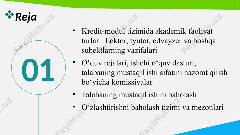 ikka, sabr-toqatli, talabalar uchun ochiq bo‘lishga, talabalarni rag‘batlantirish va qiziqtirishga qodir bo‘lishi kerak. edvayzer edvayzer talabaga kelgusidagi karyerasiga oid masalalarni yechishda, bitiruv ishi mavzusini tanlashda, kasbiy amaliyot bazalarini aniqlashda maslahat yordamini ko‘rsatishi mumkin. edvayzerning vazifalari quyidagilardan iborat: talabalarga shaxsiy o‘quv traektoriyalarini aniqlash va ta’lim dasturini o‘zlashtirishda yordam ko‘rsatish; o‘quv traektoriyasini tanlashda talabalarning ehtiyojlari, qiziqishlari va istaklarini aniqlash; talabalarga fanlarni tanlashda maslahatlar berish; talabalarga shaxsiy o‘quv rejalarini tuzish va zarur bo‘lsa tuzatishga yordam berish; talabalarning o‘zlashtirishi va akademik mavqei masalalari bo‘yicha ekspert komissiyalari ishida ishtirok etish. 3 03 talabaning mustaqil ishi sifatini nazorat qilish bo‘yicha komissiyalar talabalarning mustaqil ishlari onlayn-platforma orqali yuklanadi. birlamchi nazoratdan o‘tkazilish uchun maxsus dasturiy vositalardan (antiplagiat dasturlari) foydalanish tavsiya etiladi. dasturning natijalarini nazoratchi o‘qituvchi tahlil qilib, baholashga tavsiya etadi yoki rad etadi. baholashga tavsiya etilgan ish mazmunan o‘rganilib belgilangan tartibda baholanadi. 04 talabaning mustaqil ishini baholash talabalarning bilimi quyidagi mezonlar asosida: 1- talaba mustaqil xulosa va qaror …