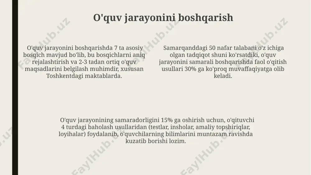 samarqanddagi oliy o'quv yurtlarida samarali natijalar bermoqda. zamonaviy pedagogik adabiyotlar bilan ishlash pedagogik adabiyotlarni tanlashda, 30 dan ortiq nashriyotning 2020-2025 yillar davomida chop etgan materiallarini mavzuga oid samaradorligi va amaliy qo'llanilishi jihatidan baholash kerak. zamonaviy pedagogik adabiyotlarni tahlil qilishda kamida 5 ta turli manbadan (kitob, jurnal, elektron resurslar) foydalanish va ularni 2023 yilgi o'zbekiston ta'lim tizimining yangi standartlari bilan solishtirish muhim. jahon miqyosida tan olingan 10 ta pedagogik nazariyachining asarlarini o'rganish va ularning g'oyalarini toshkent shahridagi ta'lim muassasalarining amaliyotiga tatbiq etish imkoniyatlarini tahlil qilish zarur. pedagogik kompetensiya mezonlari pedagogik kompetensiya mezonlari o‘qituvchining 5 ta asosiy kompetensiyasini, jumladan, kommunikativ, axborot-kommunikatsion texnologiyalarni qo‘llash va baholash kompetensiyalarini o‘z ichiga oladi, bu esa 2023-yilgi toshkent shahri maktablarida amalga oshirilgan tadqiqotlar natijalariga ko‘ra aniqlangan. samarqand viloyati maktablari o‘qituvchilari orasida o‘tkazilgan so‘rovnomalar natijalariga ko‘ra, 70% pedagoglar o‘zlarining didaktik kompetensiyalarining 3 dan yuqori ball bilan baholanishini ta’kidlashgan. bu esa, ularning nazariy bilimlarini amaliyotda qo‘llash darajasini aks ettiradi. …