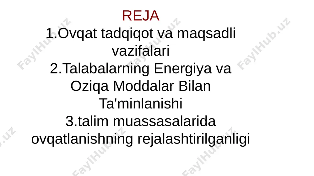 atijalarini muhokama qilib, o'zlarining fikr-mulohazalarini bildirishi kerak. 9 xulosa va keyingi qadamlar talabalarning ovqatlanish adekvatligi yaxshilanishi kerak. tadqiqot natijalari universitetga talabalar uchun sog'lom ovqatlanish sharoitlarini yaratishda yordam beradi. keyingi qadamlar sifatida o'rganish jarayonini davom ettirish, talabalar bilan hamkorlikni mustahkamlash va o'zgarishga erishish uchun harakat qilish lozim. 10 o‘zbekiston respublikasi mehnat va aholini ijtimoiy muhofaza qilish vazirining buyrug‘i ta’lim muassasalarining o‘quv va o‘quv-ishlab chiqarish ustaxonalari uchun mehnatni muhofaza qilish qoidalarini tasdiqlash haqida [o‘zbekiston respublikasi adliya vazirligi tomonidan 2013-yil 1-mayda ro‘yxatdan o‘tkazildi, ro‘yxat raqami 2454] o‘zbekiston respublikasi vazirlar mahkamasining 2000-yil 12-iyuldagi 267-son “mehnatni muhofaza qilishga doir me’yoriy hujjatlarni qayta ko‘rib chiqish va ishlab chiqish to‘g‘risida”gi (o‘zbekiston respublikasi hukumati qarorlarining to‘plami, 2000-y., 7-son, 39-modda) va 2010-yil 20-iyuldagi 153-son “mehnatni muhofaza qilish bo‘yicha normativ-huquqiy bazani yanada takomillashtirish to‘g‘risida”gi (o‘zbekiston respublikasi qonun hujjatlari to‘plami, 2010-y., 28-29-son, 234-modda) qarorlariga muvofiq buyuraman: 1. ta’lim muassasalarining o‘quv va o‘quv-ishlab chiqarish ustaxonalari uchun mehnatni muhofaza qilish qoidalari ilovaga muvofiq …
