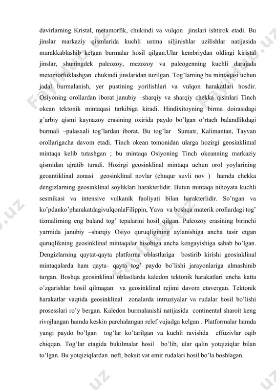 archil davr uzoqroq davom etadi. indoneziya ustidekvatorial sirkulatsiya sharoitida namgarchilik davri yil bo’yi chuziladi. territoriya ancha past baland bo’lganligidan shimoli-sharqiy passat (qishki musson) hindistondagiga qaraganda ancha namgarchildir. shu sababli janubiy –sharqiy osiyoda janubiy-g’arbiy musson bu yerga ancha ko’p yog’in keltirishiga qaramasdan qish va yoz fasillarining namgarchiligidagi farqi unchalik katta emas. janubiy- sharqiy osiyoning g’arbiy qismi sharqiy qismiga qarganda ko’proq nam oladi. janubiy –sharqiy osiyoda yillik yalpi radiatsiya miqdori 120-180 kkalga teng janubiy-sharqiy osiyoning orografik xususiyatlari tufayli materik bilan tinch okeaninng isishi va bosim sharoitdagi tafavut keskin bo’lib’ janubi-sharqiy osiyo uchun tipik bo’lgan musson sirkulatsiyasini hosil qiladi. musson sirkulatsiyasi bu yerda yer sharining boshqa barcha rayonlariga qaraganda eng yaqol namayon bo’ladi. janubiy- sharqiy osiyoning janubiy qismi ustidagi atmosfera sirkulatsiyasi ham amalda musson harakterga egadir,farqi shuki bu yerda musson sirkulatsiyasi materik bilan hind okeanining o’zaro ta’sirida ro’y beradi. janubiy sharqiy osiyoning katta qismida qishda yog‘in yog‘maydi. ichki rayonlarda bu hol atmosferaning antitsiklon …