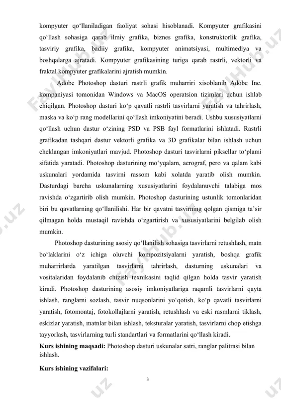 ktron ko’rinishdagi foto tasvirlarni tahrirlovchi programmadir. «adobe photoshop» programmasi adobe system, inc kompaniyasi tomonidan ishlab chiqarilgan bo’lib, ishlatishdagi alohida qulayliklari bilan mashhur.photoshop dasturi – grafik muharrir bo’lib, rastr (nuhtali) tasvirlar bilan ishlashga muljallangan ( rast formatli grafik fayllar, fotografya, tasvirlar va h.). «adobe photoshop» tasvir tahrirlagichi yordamida fotosuratlarga qo’shimchalar kiritish, fotosuratdagi dog’larni o’chirish va eski rasmlarni qayta ishlash va tiklash, rasmlarga matn kiritish, qo’shimcha maxsus effektlar bilan boyitish, bir fotosuratdagi elementlarni ikkinchi fotosuratga olib o’tish, suratdagi ranglarni o’zgartirish, almashtirish mumkin. «adobe photoshop» imkoniyatlari keng qamrovli bo’lib, u gazeta va jurnallarni turli-tuman rasmlar bilan boyitishda juda katta qulayliklar yaratadi.«adobe photoshop» ayniqsa jurlanistlarning, rassomlarning ijodiy imkoniyatlarini to’la amalga oshirishlarida yordam beradi. jurnalistika va bevosita matbuot yoki nashriyot sohasiga aloqador bo’lgan shaxslarning mazkur programma bilan ishlashni bilishi ular uchun qo’shimcha imkoniyatlarni yaratib beradi.dasturning asosiy oyna tarkibini ko’rib o’tamiz. menyu satri. barcha ilovalar uchun standart element hisoblanadi. unda butun dunyo bo’ylab qabul qilingan standartlar …