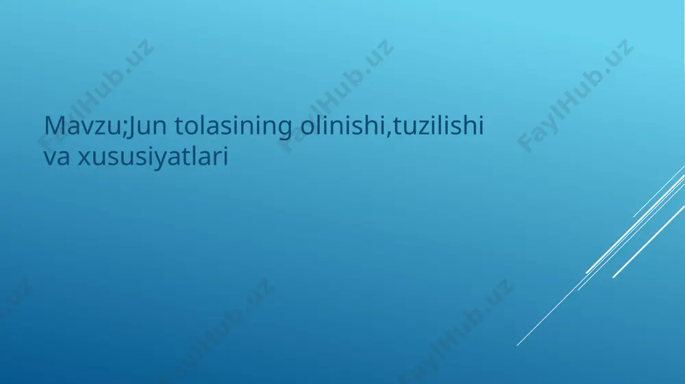 turadi. j. qatlami qildan va qil osti (tuk, tivit) qismdan iborat. qoʻy j. tolalar tipiga qarab bir tipli tolalardan iborat bir turli va har xil tolalardan iborat bir turli boʻlmagan j.ga boʻlinadi. bir turli junda tivit tolalar guruxlarga birlashib, shtapel hosil qiladi (uzun junli qoʻy zotlaridagi oralik, tolalar — bir turli oʻrama). bir turli boʻlmagan j.da tivit, oraliq va oʻzak tolalar oʻramachalarga birlashadi. j.ning fizik xususiyatlari uning texnologik va buyumlarda koʻrimlilik sifatlarini belgilaydi (ingichkalik, uzunlik, buramdorlik, mustahkamlik, qayishqoklik va b.). oʻrtacha ingichkaligi (mkm): tivit tola 10—25; oraliq tola —30—50; oʻzak (qil) —50 va un-dan ortiq; uzunligi 50 dan 300 mm gacha boʻlishi mumkin. j. rangi uning qobiq qatlamida tolaning butun uzunligi yoki maʼlum bir qismida melanin pigmenti mavjudligi va uning yorqinligi (jigarrang-qora yoki sariqqizil) bilan belgilanadi. texnologik jihatdan har qanday rangga boʻyash imkoni mavjud oq jun qadrlanadi. koʻy j.ni tarkibidagi tolalar tipiga koʻra bir tipdagi bir turli (mayin, yarim mayin) …