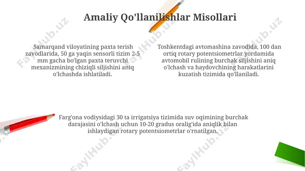 nik o'yishishi 0,1 mm gacha aniqlikka ta'sir qilishi mumkin, bu esa o'lchov xatosining 1-3% gacha o'sishini keltirib chiqarishi mumkin, ayniqsa toshkentdagi yuqori harorat sharoitida. burchak siljishni o'lchash prinsipi potentsiometrning o'qi 360 daraja aylanishi natijasida chiqish voltaji 0 dan 5 v gacha o'zgaradi, bu esa burchak siljishini aniq o'lchash imkonini beradi. bu usul toshkentdagi avtomobil zavodlarida dvigatelning aylanish burchagini aniqlashda qo'llaniladi. potentsiometrning qarshiligi 10 kω bo'lib, u 20 sm uzunlikdagi chiziqli siljishni o'lchashda 5v kuchlanish farqini hosil qiladi. bu esa har 1 mm ga 0.25v ga to'g'ri keladi, bu esa o'lchovning aniqligini oshiradi. 10-bitli a/d konvertor yordamida olingan raqamli ma'lumotlar burchak siljishining 0.35 daraja aniqlik bilan o'lchanishini ta'minlaydi. bu samarqanddagi robot texnologiyalari laboratoriyalarida qo'llaniladigan bir usul. boshqa o'lchov sensorlari bilan taqqoslash rotatsion potentsiometrlar, masalan, lvdt (linear variable differential transformer) sensorlariga qaraganda, odatda pastroq aniqlikka ega (taxminan ±0.5% ga nisbatan ±1%), lekin ancha arzon va o'rnatishda soddadir, bu esa keng qo'llanilishini ta'minlaydi, …