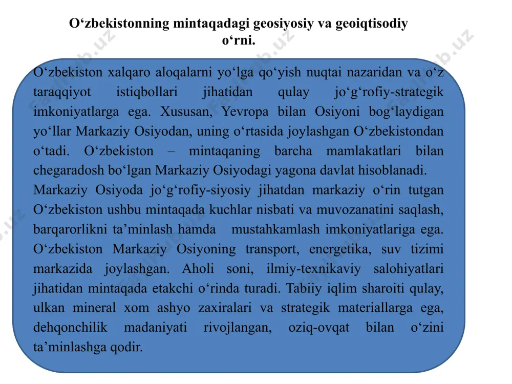 g xavfsizlik va ekologik inqiroz kabi dolzarb muammolariga e’tibor qaratdi. o‘zbekiston rahbarining tashabbusi bilan bmt afg‘oniston va markaziy osiyoning xavfsizlik masalalarini tinch yo‘l bilan hal qilishga qaratilgan bir qator qarorlar qabul qildi. 1993 yilda o‘zbekiston prezidenti i.a.karimov bmt bosh assambleyasining 48-sessiyasida so‘zga chiqib, markaziy osiyoni yadrosiz zona deb e’lon qilishni taklif qildi. ushbu taklif qozog‘iston, qirg‘iziston, turkmaniston, tojikiston va boshqa mamlakatlar tomonidan to‘liq qo‘llab-quvvatlandi. “markaziy osiyo - yadro qurolidan xoli zona” 1993 yil o‘zbekiston respublikasi birinchi prezidenti islom karimov bmt bosh assombleyasining 48-sessiyasida so‘zlagan nutqida markaziy osiyoni yadrosiz zona, deb e'lon qilish tashabbusini ilgari surdi. «hozirgi zamon voqeligi shundayki, bir mamlakatning xavfsizligi boshqa davlat hisobidan ta'minlanishi mumkin emas, mintaqa xavfsizligini butun jahon xavfsizligi muammolaridan ajratgan holda ko‘rib bo‘lmaydi. shunga asoslanib, o‘zbekiston yadro qurolining batamom tugatilishi uchun, yadro qurolini tarqatmaslik to‘g‘risidagi shartnomaning samarali harakat qilishi va uning hech bir muddatsiz uzaytirilishi uchun harakat qiladi. o‘zbekiston markaziy osiyo mintaqasining yadrosiz zona, deb …
