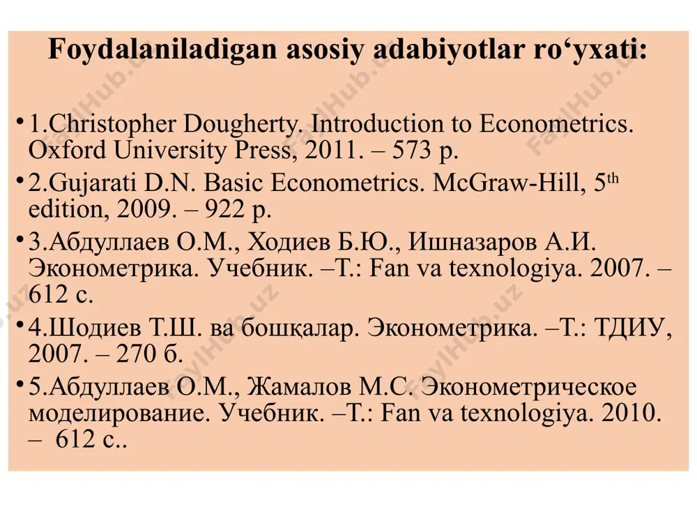 rdan farqining kvadratlari yig‘indisi eng kam bo‘lishi zarur misol: qiymat eng kam bo‘lishi uchun birinchi darajali hosilalar nolga teng bo‘lishi kerak. normal tenglamalar tizimi demak, ………………………………………… chiziqli funksiya bo‘yicha tekislanganda bundan, iqtisodiy qatorlar dinamikasi tendensiyasini aniqlash vaqtida kо‘pchilik hollarda turli darajadagi polinomlar: va eksponensional funksiyalar qо‘llaniladi: funksiya shakli tenglashtirilayotgan qatorlar dinamikasi xarakteriga muvofiq, shuningdek, mantiqiy asoslangan bо‘lishi lozim. polinomning eng yuqori darajalaridan foydalanish ko‘pchilik hollarda o‘rtacha kvadrat xatolarining kamayishiga olib keladi. lekin bunday vaqtlarda tenglashtirish bajarilmay qoladi. tenglashtirish parametrlari bevosita eng kichik kvadratlar usuli yordamida baholanadi. eksponensional funksiya parametrlarini baholash uchun esa boshlang‘ich qatorlar qiymatini logarifmlamoq lozim. normal tenglamalar tizimi quyidagicha bo‘ladi: а) tartibli polinom uchun: b) eksponensional funksiya uchun: agar tendensiya ko‘rsatkichli funksiyaga ega bo‘lsa, ya’ni bo‘lsa, ushbu funksiyani logarifmlab, parametrlarini eng kichik kvadratlar usuli yordamida aniqlash mumkin. ushbu funksiya uchun normal tenglamalar sistemasi quyidagi ko‘rinishga ega bo‘ladi: 4. ekonometrik model parametrlarining iqtisodiy tahlili va elastiklik koeffitsientlarini hisoblash regressiya …