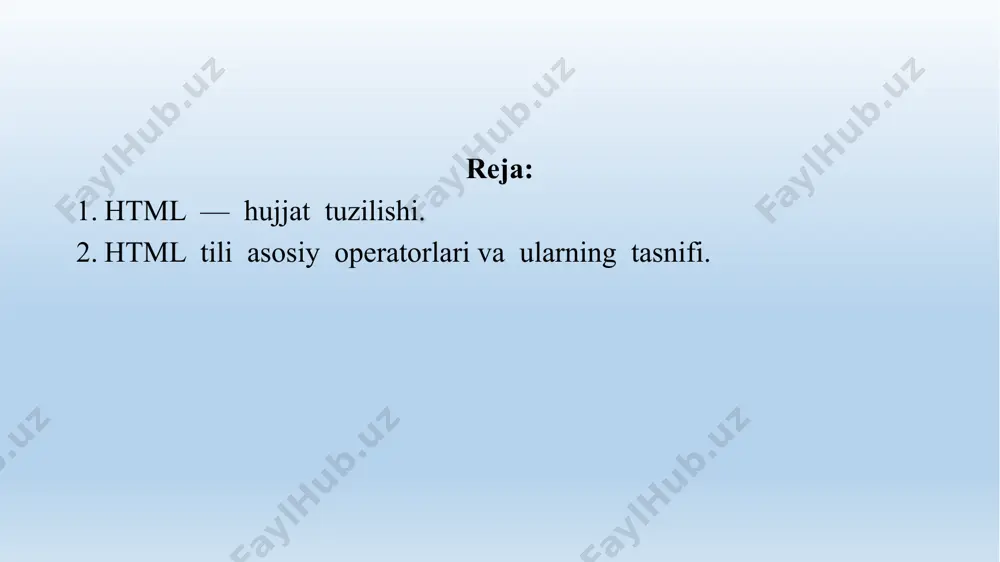 bo'lsa, «/» belgisi yordamida ko'rsatiladi. agar murojaatni shu sahifadagi biror belgiga o'rnatish lozim bo'lsa, «#» belgisidan keyin ko'rsatiladi. • name — agar gipermurojaat shu sahifaning o'ziga o'rnatilgan bo'lsa, o'tishni ushbu atribut yordamida ko'rsatish mumkin; • target — gipermurojaat qayerda ochilishi kerakligini ko'rsatadi: blank — gipermurojaat natijasini yangi darchaga ochib beradi; top — natijani brouzerdagi barcha darchalarga ochish (maxsus frame lar uchun); parent — natijani brouzerdagi bosh sahifa darchasiga ochish (maxsus frame lar uchun); self — natijani joriy darchada ochish (maxsus frame lar uchun). • title — bu hujjat darchasining sarlavhasini ifodalash uchun; • type — gipermurojaat o'rnatilgan hujjatning mime — turini aniqlaydi; • charset — gipermurojaat o'rnatilgan hujjatning yozuv kodini aniqlaydi; • hreflang — gipermurojaat o'rnatilgan hujjatning yozuv tilini aniqlaydi. masalan: ... — matnni to'q-qalin shrift bilan tasvirlaydi. masalan: bir, ikki, uch . 4. basefont ... — hujjatda avvaldan qabul qilingan shriftning o'lchami, turi va rangini ko'rsatish uchun ishlatiladi. odatda, …