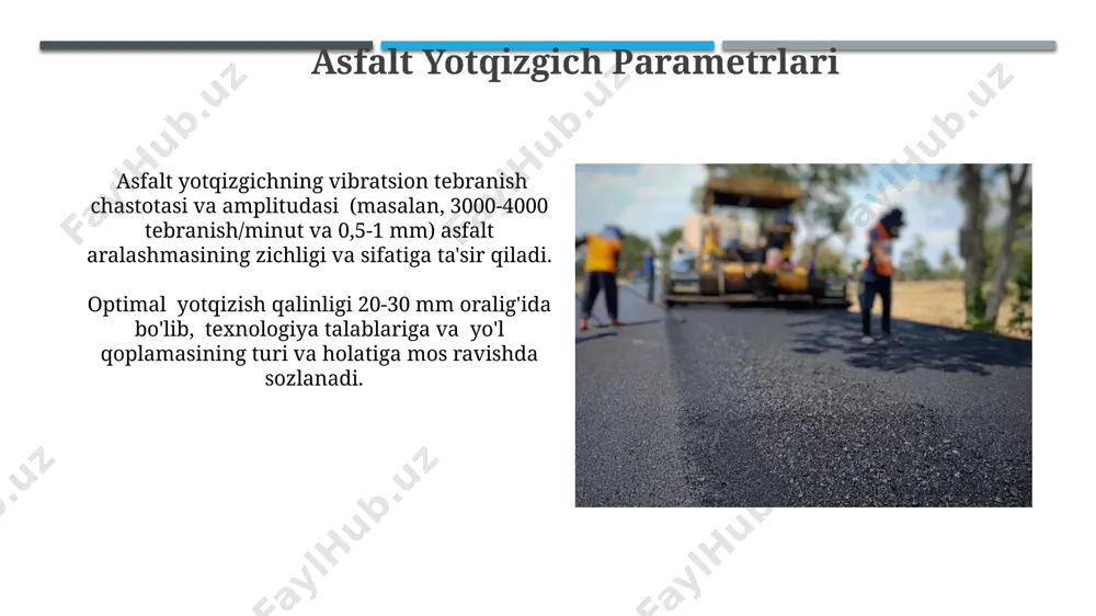n ortiq maydonni qoplash imkonini beradi. ishchi kuchining samaradorligi, asfalt yotqizish tezligiga (masalan, 5-10 m/min) va yo'lning murakkabligiga bog'liq bo'lib, 1000 m² ga 5-7 kishilik jamoa optimal hisoblanadi. siqish parametrlari ётқизиладиган асфальт қатлами қалинлиги 5 дан 15 см гача ўзгариши мумкин бўлиб, бу параметр асфальт йўлининг лойиҳаси ва талаблари билан аниқланади. машинанинг ҳаракат тезлиги соатига 2-10 км бўлиши мумкин ва у асфальт қоришмасининг температураси, қатлам қалинлиги ва йўлнинг рельефига боғлиқ. texnika xizmati va ta'mirlash "texnika xizmati va ta'mirlash" bo'limi, mavsumiy profilaktika ishlarini o'z ichiga olgan holda, o'rtacha har bir asfalt yotqizuvchi mashina uchun yiliga 300 soatdan ortiq texnik xizmat ko'rsatish vaqtini sarflaydi. "texnika xizmati va ta'mirlash" bo'limi yo'l qurilish texnikasining, jumladan asfalt yotqizuvchi mashinalarning, 90%dan ortiq texnik holatini ta'minlashga mas'uldir. e'tiboringiz uchun rahmat @taqdimot_robot image1.jpg image2.jpg image3.jpg image4.jpg image5.jpg image6.jpg image7.jpg image8.jpg image9.jpg image10.jpg image11.jpg image12.jpg