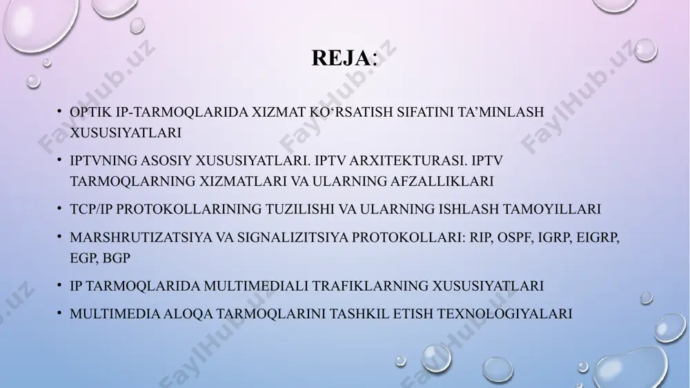 uferlanishi mumkin bo‘lgan paketlar navbati konsepsiyasining mavjud emasligidir. kechikish liniyasi bu (fiber delay line, fdl), ma’lum bir vaqt oralig‘ida optik signalni kechiktirish uchun qo‘llaniladigan uzun optik tolali liniya. optik tarmoqlarda navbat alternativasi sifatida, kelgusida ma’lumotlarni optik kommutatsiyalash yo‘li orqali chastota polosasini zaxiralash uchun signalli axborotlarni qo‘shimcha uzatish qo‘llaniladi. optik kommutatsiyalash texnologiyalari dwdm texnologiyasiga asoslangan optik tarmoq bo‘ylab ip-trafiklarini uzatish uchun, uchta asosiy kommutatsiyalash texnologiyasi tavsiya qilingan. shunga mos holda ip-over-dwdm tarmoqlari quyidagicha sinflanishi mumkin: ◦ to‘lqinli marshtutizatsiyaga ega bo‘lgan tarmoqlar (wavelength routing, wr); ◦ paketlarni optik kommutatsiyalashga ega bo‘lgan tarmoqlar (optical packet switching, ops); ◦ bloklarni optik kommutatsiyalashga ega bo‘lgan tarmoqlar (optical burst switching, obs). iptvning asosiy xususiyatlari. iptv arxitekturasi. iptv tarmoqlarning xizmatlari va ularning afzalliklari iptv xizmatini taqdim etishning xususiyatlari.iptv xizmatlari klassik telekommunikatsion xizmatlari kafolatlarini ta’minlash soxasini kengaytiradi. ip televidenie abonentlari monitor/televizor ekranida masofali pult yordamida baza- teledasturni ko‘rishlari mumkin. raqamli ip televideniesi belgilangan vaqtda teleefir dasturlarini yozib olishni …