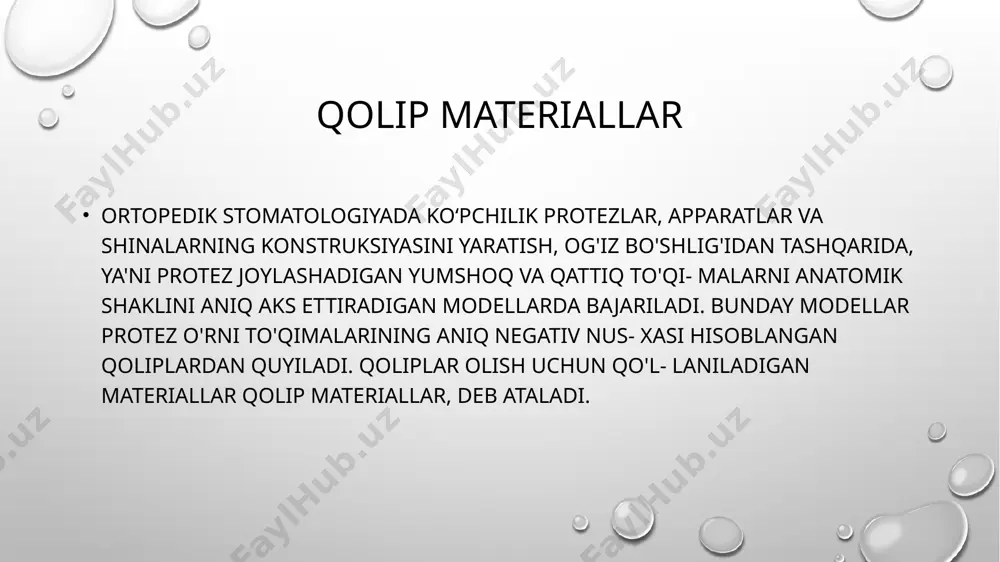lini sezilarli darajada soddalashtiradi va unga sarflanadigan vaqtni tejaydi. biroq qolip olish materiallari bu guruhining qator kamchiliklari bor.barcha alginat materiallar plastik holatdan elastik holatga o'tishdavrida hajmi sezilarli darajada qisqaradi. bunda gel hosil qilishdankeyin sodir boʻladigan strukturaviy oʻzgarishdan makromole-kulalar zichlashadi, buni esa, sinerezis - ozod suyuq faza ajralishibilan birgalikda boradi, deb tushuntirish mumkin. novalgin. alginat qolip olish massalarining bir turi hisoblanadi. mayda dispers novalgin kukuni natriy alginat va qotish tezligini tartibga soluvchilar, bo'yoqlar, to'ldiruvchilardan iborat. qolip olish uchun novalgin suv bilan aralashtiriladi. qolip olish usuli xuddi stomalginga o'xshash. novalgin qotgandan keyin stomalginga nisbatan koʻproq mustahkamlikka va qattiqlikka ega. sintetik kauchuklar. ortopedik stomatologiyada yangi sintetik polimer qolip olish materiallari paydo boʻlishi polimerlar kimyosi yutuqlarini tibbiyot sanoatiga joriy qilish natijasida mumkin bo'ladi.. bu esa, shifokorlar bilan sanoat xodimlarining hamkorligi natijasida yuzaga keldi. stomatologiyaga ko'p miqdorda har xil preparatlar, materiallar, davo vositalarining kirib kelishi anashunday hamkorlikning mahsulidir. bu guruhdagi qolip olish materiallari qator afzalliklarga …