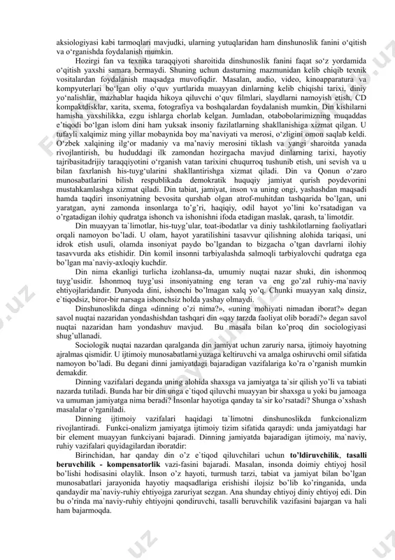 adigan ilohiy qudratga ishonchni ifoda etadigan taʼlimotdir. din dunyo, celoveq, mavjudotlarning kelib chiqishi, insonning yashashdan maqsadi kabi savollarga oʻzicha javob beradi. dunyoviy ilm nuqtai nazaridan din kishilik jamiyati tarixiy taraqqiyotining maʼlum bosqichida paydo boʻlgan ijtimoiy ong shakllaridan biri. bu dunyoqarash jamiyatning maʼlum tarixiy davr va sharoitlaridagi talablari, ehtiyojlari asosida shakllanadi. ulugʻ mutafakkir abu nasr forobiy dinga falsafa bilan bir qatorda haqiqatga yetishishning 2 mustaqil usulidan biri sifatida qaragan. forobiyning fikricha, falsafadagi masalalar isbotini paygʻambarlar ramzlar shaklida bayon qilganlar. dinga turlicha yondoshishni beruniy, ibn sino, umar xayyomning ijtimoiy-falsafiy qarashlarida, ibn rushdning ikki haqiqat nazariyasida kuzatish mumkin. xviii-asr fransuz faylasuflarining dinga boʻlgan oʻziga xos yondashuvlari, xix-asrda mifologik maktab (aka-uka ya. grim va v. grim, m. myuller), antropologik maktab (l. feyerbax) va b. turli yoʻnalishlar paydo boʻlgan boʻlsa, 20-asrda d.ni tadqiq qilish yuzasidan yana boshqacha qarash va nazariyalar (k. yung , e. dyurkxeym) vujudga keldi. dinning nima ekanligi turlicha izohlansada, umuman ol ganda …