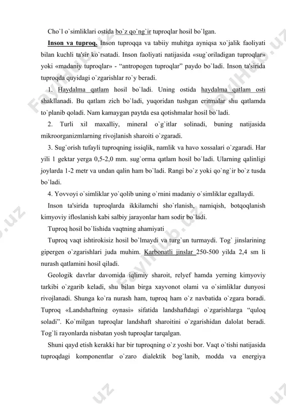 . qatlamlar asosan 3 ga bo`linadi va ular lotin harflar bilan belgilanadi. a – ustki, qatlam bo`lib bu ham o`z navbatida qatlamchalarga bo`linadi: ao – o`simliklar qiyi (to`shagi); a1 – chirindili – akkumlyativ qatlam, chirindi – (gumus) qatlami; a2 – yuvilma yoki elyuvial – suv yuvib ayrim moddalarni pastga tushiradi. *b – illyuvial oraliq - shimilma qatlam. yuqoridan kelgan moddalar shu qatlamda to`planadi _________________________________________ *b – o`tuvchi (oraliq)- ilyuvial (shimilma).qatlam m=a+b – tuproqning qalinligini (m) tashkil qiladi. qalinlik bir necha sm-dan 150-250-300 sm.gacha bo`ladi. qadimgi madaniy-agroirrigatsion qatlam ( ayniqsa o`rta osiyoda) qalin bo`ladi. s – ona jins – turlicha bo`ladi. 2. tuproqning rangi – ona jinsga bog`liq holda xilma-xil bo`ladi. tuproq tiplari uning rangiga (tusiga) qarab nomlanadi. lekin, bular nisbiy bo`lib birontasi ustunlik qiladi va o`sha inobatga olinadi. buyo`q tuproqshunos olim s.a.zaharov tuproqlarning ranglar uchburchagini quyidagicha tavsiya etgan: s.a.zaxarov fikriga ko`ra, tuproqlarning ranglari shu 3 rangning uyg`unligidan hosil bo`ladi. qora …