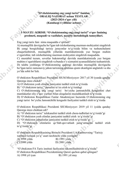 o‘zbekistonning eng yangi tarixi fani bo‘yicha oraliq nazorat testlari (2023-2024 o‘quv yili) — DOCX