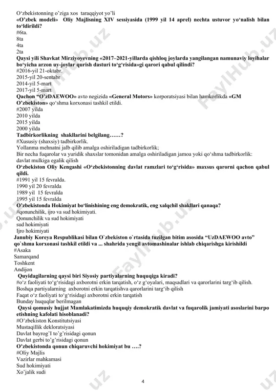 rqatib yuborish, ular faoliyatini ta’qiqlab yoki cheklab qo‘yish kimning vakolatiga kiradi? #faqat sud qarori bilan prokurorning xulosasiga ko‘ra adliya vazirligi tomonidan oliy sud ajrimiga ko’ra 2017-yil 10 yildan ortiq vaqt mobaynidagi tanaffusdan keyin, davlat va jamiyatdagi malakali kadrlarga bo‘lgan ehtiyojlar inobatga olinib, o‘zbekiston prezidenti shavkat mirziyoyev tashabbusi bilan..................ta’lim tizimi tiklandi? #sirtqi ta’lim tizimi tiklandi. masofaviy ta’lim tizimi tiklandi kunduzgi ta’lim tizimi uzaytirildi maxsus sirtqi ta’lim tizimi uzaytirildi nechinchi yilda bosh vazirning (pm.gov.uz manzilida) virtual qabulxonasi ochildi? #2016-yil sentabrda. 2015-yil avgustda 2014-yil martda 2017-yil iyulda o’zbekiston mustaqillikka erishganidan so’ng bozor iqtisodiyotiga o’tishning qanday yo’lini tanladi? #ozimizga mos bo’lgan yo’lni. g’arbga mos bo’lgan yo’lni sharqga mos bo’lgan yo’lni shok terapiyasi yo’lini o’zbekiston mustaqillikka erishganidan so’ng bozor iqtisodiyotiga o’tishning o’ziga xos yo’l qanaqa? #bosqichma bosqich o’tish yo’li tez hech narsaga qaramay o’tish yo’li mumtoz (klassik) o’tish yo’li oddiy o’tish yo’li o‘zbekistonda mustaqillika qadar qanday iqtisod hukmron edi? #o’ta markazlashtirilgan va yagona bir markazdan …