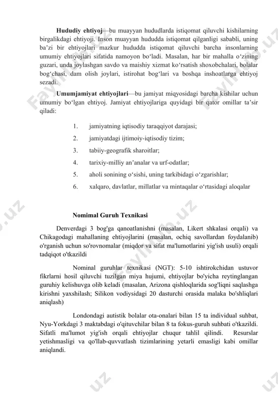 b’yektivligi. - ko‘p vaqt va resurs talab qilishi. ### 2. **kuzatish (observation)** #### mohiyati: ehtiyojlarni bilish uchun respondentlarning xatti-harakatlari, odatlari va faoliyati kuzatiladi. #### shakllari: - **tabiiy sharoitdagi kuzatish**: kundalik faoliyatni o‘rganish. - **eksperimental sharoitdagi kuzatish**: ma’lum vaziyatlar yaratilib, xatti-harakatlar kuzatiladi. #### afzalliklari: - javoblarning sub’yektiv ta’siridan xoli. - real xatti-harakatlar haqida ma’lumot olish. #### kamchiliklari: - kuzatish natijalari umumiylashmasligi mumkin. - xatti-harakat sabablari to‘liq tushunilmasligi mumkin. ### 3. **eksperimentlar** #### mohiyati: ehtiyojlarni o‘rganish uchun nazorat qilinadigan sharoitlarda tajribalar o‘tkaziladi. #### shakllari: - **laboratoriya eksperimenti**: muayyan nazorat ostidagi sharoitlarda. - **tabiiy eksperiment**: real hayotiy sharoitlarda. #### afzalliklari: - aniqlik va nazorat yuqori. - natijalarning qayta tekshirilishi mumkin. #### kamchiliklari: - ko‘p resurs va vaqt talab etadi. - olingan ma’lumot cheklangan bo‘lishi mumkin. ### 4. **ma’lumotlarni tahlil qilish va statistik metodlar** #### mohiyati: ehtiyojlarni aniqlash uchun mavjud ma’lumotlar bazalari va statistik usullardan foydalaniladi. #### usullari: - **regression tahlil**: ehtiyoj va resurslar …