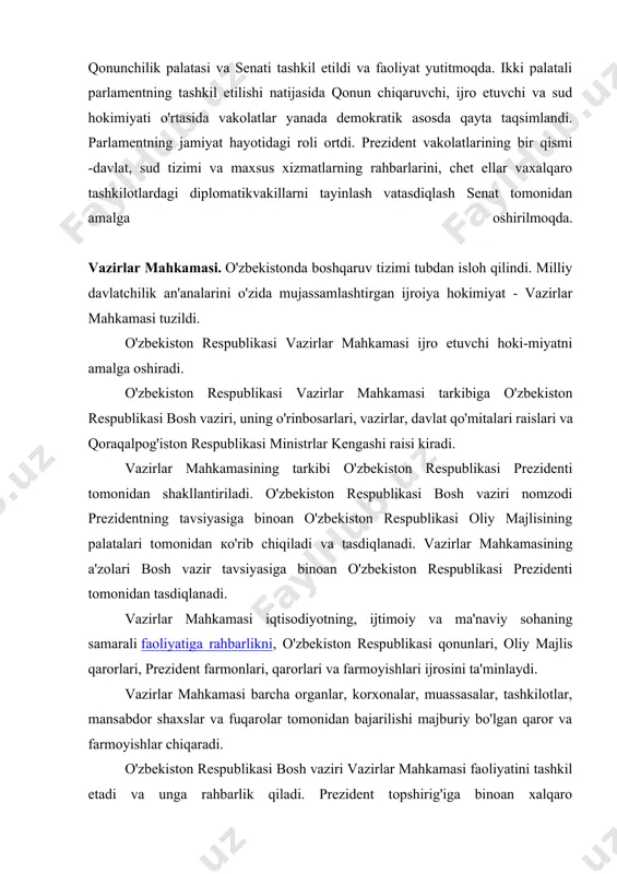likasi oliy majlisi senatining 2005—yil 27-yanvar kuni bo'lib o'tgan birinchi majlisida prezident tavsiyasiga muvofiq, senat a'zolari tomonidan yashirin ovoz berish yo'li bilan murod sharifxo'jayev senat raisi etib saylandi. shuningdek, 2 nafar senator rais o'rinbosarlari etib saylandi, senat qo'mitalari tashkil etilib, ularning raislari ham saylandilar. muxtasar qilib aytganda, 2005—yil 27-yanvar kuni ikki palatali parlamentni shakllantirish ishlariga yakun yasaldi. o'zbekiston respublikasi oliy majlisi qonunchilik palatasi va senati tashkil etildi va faoliyat yutitmoqda. ikki palatali parlamentning tashkil etilishi natijasida qonun chiqaruvchi, ijro etuvchi va sud hokimiyati o'rtasida vakolatlar yanada demokratik asosda qayta taqsimlandi. parlamentning jamiyat hayotidagi roli ortdi. prezident vakolatlarining bir qismi -davlat, sud tizimi va maxsus xizmatlarning rahbarlarini, chet ellar vaxalqaro tashkilotlardagi diplomatikvakillarni tayinlash vatasdiqlash senat tomonidan amalga oshirilmoqda. vazirlar mahkamasi. o'zbekistonda boshqaruv tizimi tubdan isloh qilindi. milliy davlatchilik an'analarini o'zida mujassamlashtirgan ijroiya hokimiyat - vazirlar mahkamasi tuzildi. o'zbekiston respublikasi vazirlar mahkamasi ijro etuvchi hoki-miyatni amalga oshiradi. o'zbekiston respublikasi vazirlar mahkamasi tarkibiga …