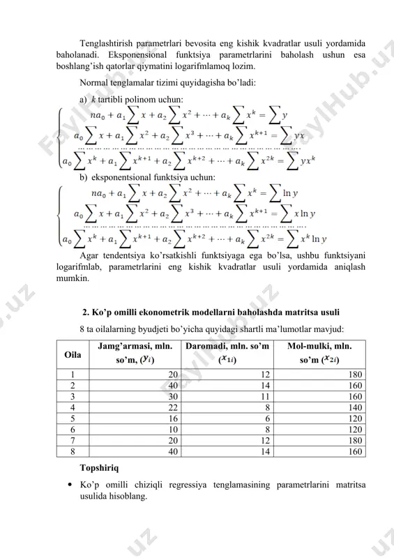 di. 2. birinchi matritsaning birinchi qatoridagi elementlarni ikkinchi matritsaning ikkinchi ustunining elementlariga ko'paytiramiz: · birinchi qatorning birinchi elementini ikkinchi ustunning birinchi elementiga ko'paytiramiz. · birinchi qatorning ikkinchi elementini ikkinchi ustunning ikkinchi elementiga ko'paytiramiz. · har bir element bilan birinchi matritsaning birinchi qatori va ikkinchi matritsaning ikkinchi ustuni oxiriga etgunimizcha xuddi shunday qilamiz. · olingan ko’paytmalarni qo'shamiz. · natija esa matritsaning birinchi qatorining ikkinchi elementi bo'ladi. 3. xuddi shu algoritmdan foydalanib, birinchi matritsaning birinchi qatoridagi elementlarni ikkinchi matritsaning qolgan ustunlari elementlariga ko'paytiramiz. olingan raqamlar hisoblangan matritsaning birinchi qatorini tashkil qiladi. 4. hisoblangan matritsaning ikkinchi qatori xuddi shu tarzda birinchi matritsaning ikkinchi qatoridagi elementlarni ikkinchi matritsaning har bir ustunining elementlariga ko'paytirish orqali aniqlanadi. natijalar esa hisoblangan matritsaning ikkinchi qatori elementlari bo’ladi. 5. ushbu algoritmni yangi matritsaning barcha qatorlari to'ldirilgunga qadar birinchi matritsaning har bir qatori bilan amalga oshiramiz. va matritsalarning ko’paytmasini topamiz: matritsaning teskari matritsasini topamiz. oldiniga – a matritsa determinantini hisoblaymiz: …
