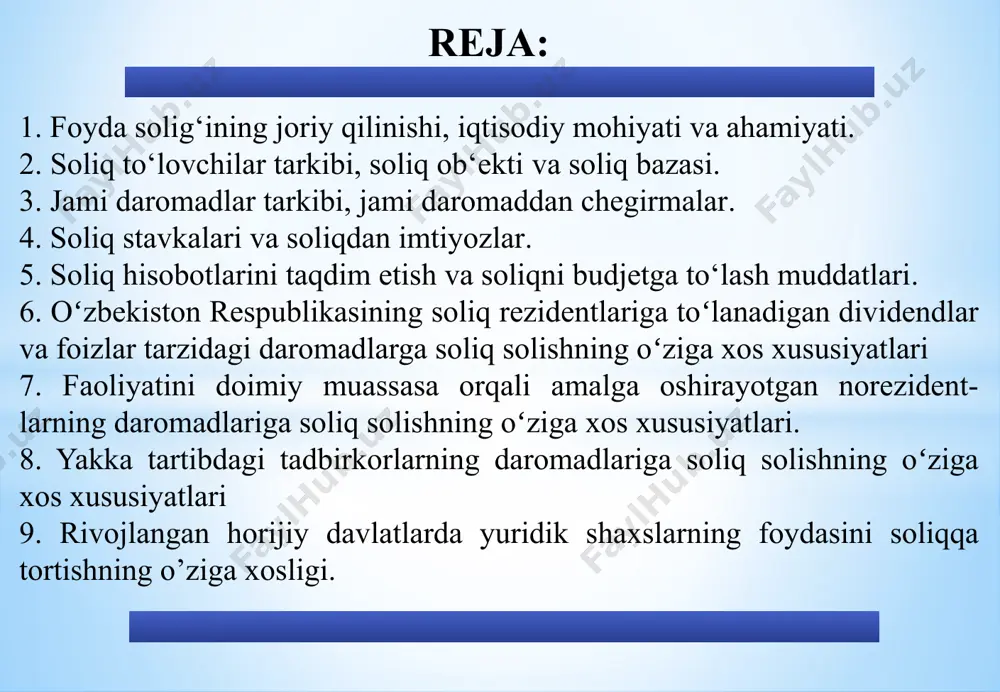 i yomonlasha boshladi. natijada mahsulotga talab pasayib, sotishdan olingan tushum hajmi kamaygani holda, ular o‘z ishlab chiqarishlari yo‘nalishini o‘zgartirishga, foyda olmasalar ham juda katta miqdorda ishchilarga ish haqi to‘lashga majbur bo‘ldilar. bunday holatda amaliyotda korxonalar hisobot davrida faoliyatlarini foyda bilan yakunlamasada, daromad solig‘ini ish haqi jamg'armasidan belgilangan stavkada to‘lashga majbur edilar. 4 foyda solig‘ining joriy qilinishi, iqtisodiy mohiyati va ahamiyati 1995-yil 1-yanvardan boshlab soliqlarning rag‘batlantiruvchi rolini kuchaytirish maqsadida mamlakatimizda korxonalarning foydasidan olinadigan soliq joriy etildi. shu bilan bir qatorda soliq to‘lovchilarning ayrim toifalari (tijorat banklari, sug‘urta tashkilotlari, tamosha-konsert faoliyatini olib boruvchi muassasalar, ko‘ngilochar o‘yinlarni tashkil etuvchi korxonalar, birja va boshqa shu kabi korxonalar) uchun daromad solig‘i va yalpi daromad solig‘ini to‘lash tartibi saqlab qolindi. 5 foyda solig‘ining joriy qilinishi, iqtisodiy mohiyati va ahamiyati iqtisodiy mohiyatiga ko’ra foyda solig‘i to’g’ri soliqlar tarkibiga kirib, u davlat byudjeti daromadlarini shakllantirishda asosiy manbalardan biri hisoblanadi. davlat byudjeti daromadlaridagi salmog‘i 2004-yilda 7,0 foizni tashkil etgani …