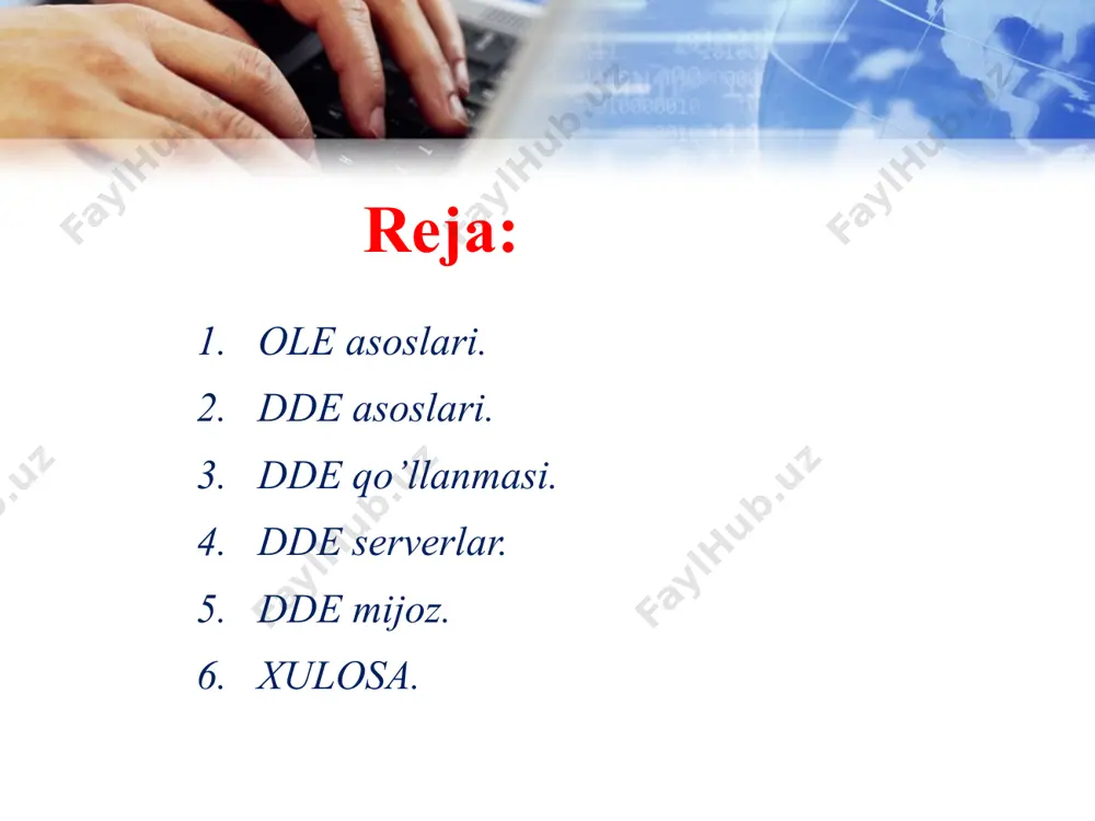 tish mumkinki, birida qilingan o’zgarish ikkinchisida akslanadi. bundan tashqari dde yordamida o’z dasturingizdan boshqa dasturlarni masalan, word for windows, report smith, excel va boshqalarni boshqarish mumkin. quyida delphi komponentlaridan dde qurish uchun qanday foydalanish tushuntirilgan. dde qo’llanishi. ddening qo’llanilishi dde bo’yicha boshqa dasturdan ma`lumotlar oluvchi yoki boshqa dasturni dde buyruqlari yordamida boshqaruvchi dastur dde-mijozi hisoblanadi. bu holda ikkinchi dastur dde-serveri bo’ladi. bir dasturning o’zi bir vaqtda ham mijoz, ham server bo’lishi mumkin (masalan, microsoft word). endi keling delphiqanday qilib dde-dasturlarni tuzish mumkinligini ko’rib o’taylik. dde-serverlar delphida dde-serverni qurish uchun system sahifasidagi ikki - tddeserverconv va tddeserveritemkomponentlari xizmat qiladi. odatda loihada bitta tddeserverconv obyekti va bir yoki bir nechta tddeserveritem obyekti ishlatidi. dde-serverning servislariga murojaat qilish uchun mijoz bir necha parametrlarni bilishi keark: servis nomi (service name) – bu dastur nomi (odatda – exe kengaytmasiz bajariluvchi fayl nomi, to’liq yuli bilan); topic name - delphida bu nom tddeserverconvkomponenti; item name – …