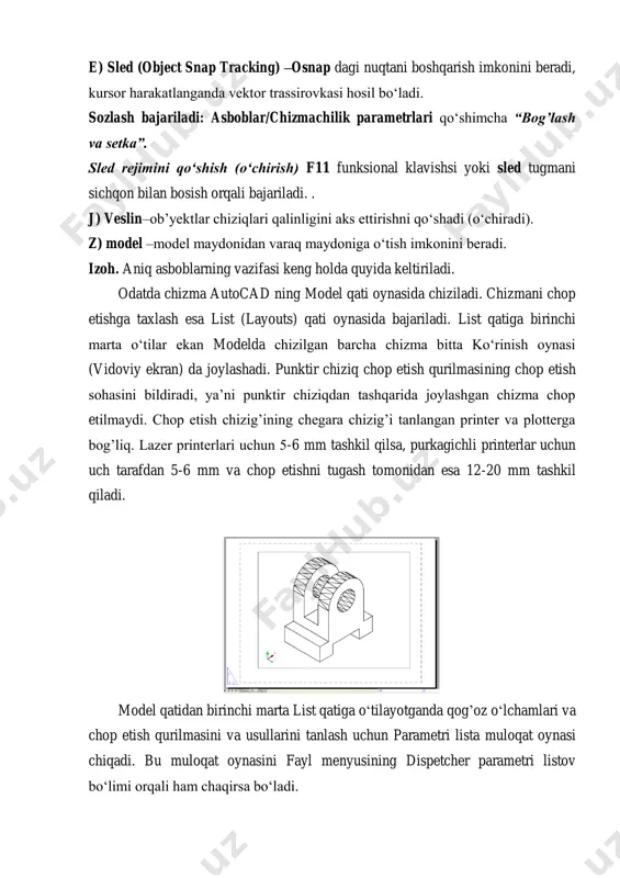 p etadi. ramka – bu usul tanlanganda sichqoncha bilan ekranda chop etiladigan to‘rtburchak soha ko‘rstilishi talab qilinadi. soha diagonal bo‘yicha ikki chekka nuqtalarini ko‘rsatish orqali tanlanadi. ko‘rsatilgan soha chop etiladi. list–ishchi varaqda joylashgan barcha chizma chop etiladi. model qatidan chop etish paytida list o‘rniga limit (chizishi chegarasi) da joylashgan barcha chizma chop etiladi. smeshenie ot nachalo bo‘limida qog’oz pastki chap burchagidan tanlangan sohani x va y yo‘nalishi bo‘yicha necha mm ga siljitib chop qilish ko‘rsatiladi. sentrirovat tanlansa, chizmani qog’oz o‘rtasiga joylashtirib beradi. masshtab pechati bo‘limida chop etiladigan sohani qog’ozga joylashtirish uchun masshtab tanlanadi. vpisat belgilansa chizma ko‘rinishiga masshtabni autocad o‘zi tanlab, to‘lasincha tanlangan qog’oz formatiga joylab beradi. u tanlagan masshtab standartga mos kelmaydi. masshtab degan joydan esa foydalanuvchi o‘zi standart kattalashtirish yoki kichiklashtirish masshtabini tanlaydi. odatda chizma ko‘rinishi list qatida chop etishga tayyorlangach, masshtabi 1:1 tanlab chop etiladi. chizmaning o‘ziga esa listdagi ko‘rinish oynalarida (model muhitida) aniq masshtab tanlanadi. masshtabirovat …
