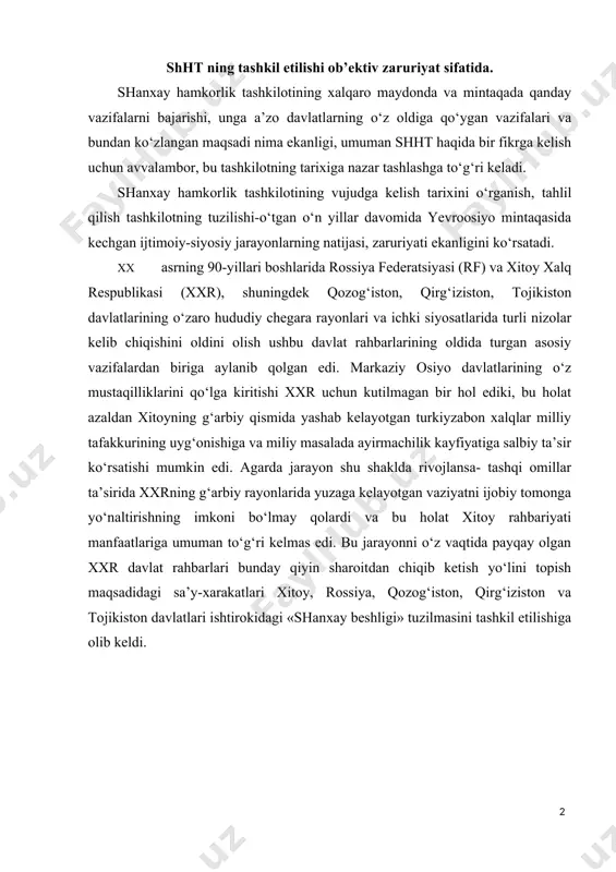 on va tojikiston davlatlari ishtirokidagi «shanxay beshligi» tuzilmasini tashkil etilishiga olib keldi. «shanxay beshligi» tuzilmasi 1996 yil 26 aprelda xitoy, rossiya, qozog‘iston, qirg‘iziston va tojikiston davlatlari rahbarlarining shanxay uchrashuvida tuzilgan bo‘lsada, bu jarayonning boshlanishi 1964 yilning fevralidagi xitoy va sovet ittifoqi o‘rtasidagi chegara masalalari bo‘yicha o‘tkazilgan muzokaralarga borib taqaladi. afsuski, ayrim sabablarga ko‘ra bu muzokoralar doirasida 20 yil mobaynida siljish bo‘lmadi. xitoy-sovet munosabatlaridagi bu sohadagi sezilarli o‘zgarishlar atigi 80-yillarning ikkinchi yarmidan, ya’ni sovet ittifoqi davlati tepasiga m.s.gorbachev kelganidan keyingina jonlandi. aynan shu davrdan boshlab muzokoralar olib borish faollasha boshladi. 1989 yil mayda mixail gorbachevning xitoyga rasmiy tashrifi davomida tomonlar sssr va xitoy o‘rtasida sovet-xitoy davlatlari chegarasining sharqiy qismi to‘g‘risida shartnoma imzoladilar. ayni vaqtda tomonlar sovet-xitoy chegarasiga tegishli 100 kilometrlik hududda xarbiy kuchlarini minimal darajagacha, ya’ni ikki davlat o‘rtasida do‘stona qo‘shnichilik munosabatlarini hamda chegara hududlarda aholining tinch xo‘jalik faoliyati bilan shug‘ullanishini ta’minlaydigan darajagacha qisqartirishga kelishib olindi. ushbu bitim doirasidagi vazifalarni amalga …